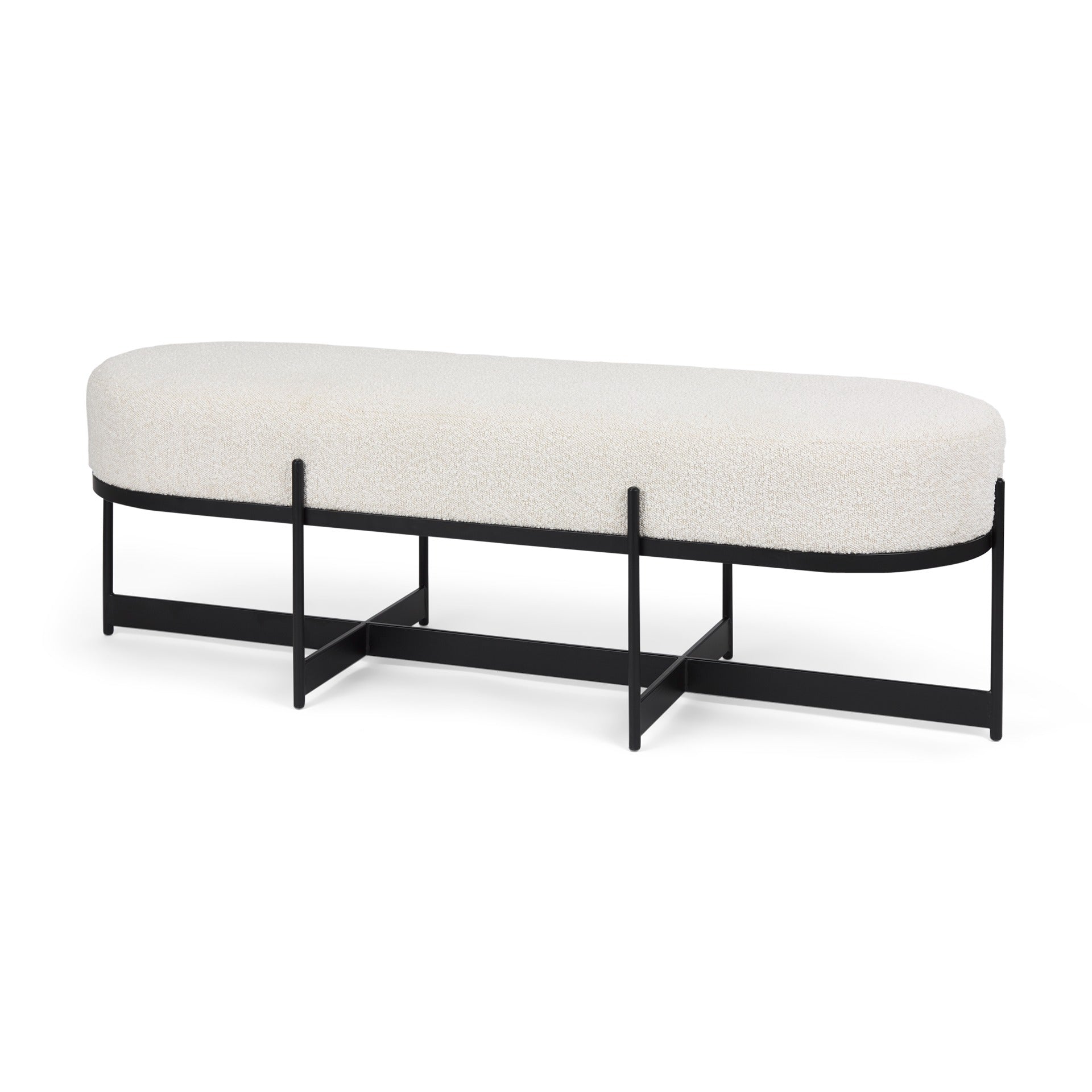 Amelia 55.0L x 18.0W x 18.0H Cream Boucle W/Black Metal Upholstered Bench - Dekor Butik