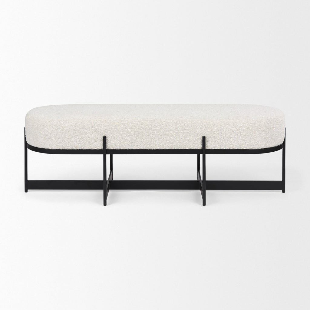 Amelia 55.0L x 18.0W x 18.0H Cream Boucle W/Black Metal Upholstered Bench - Dekor Butik