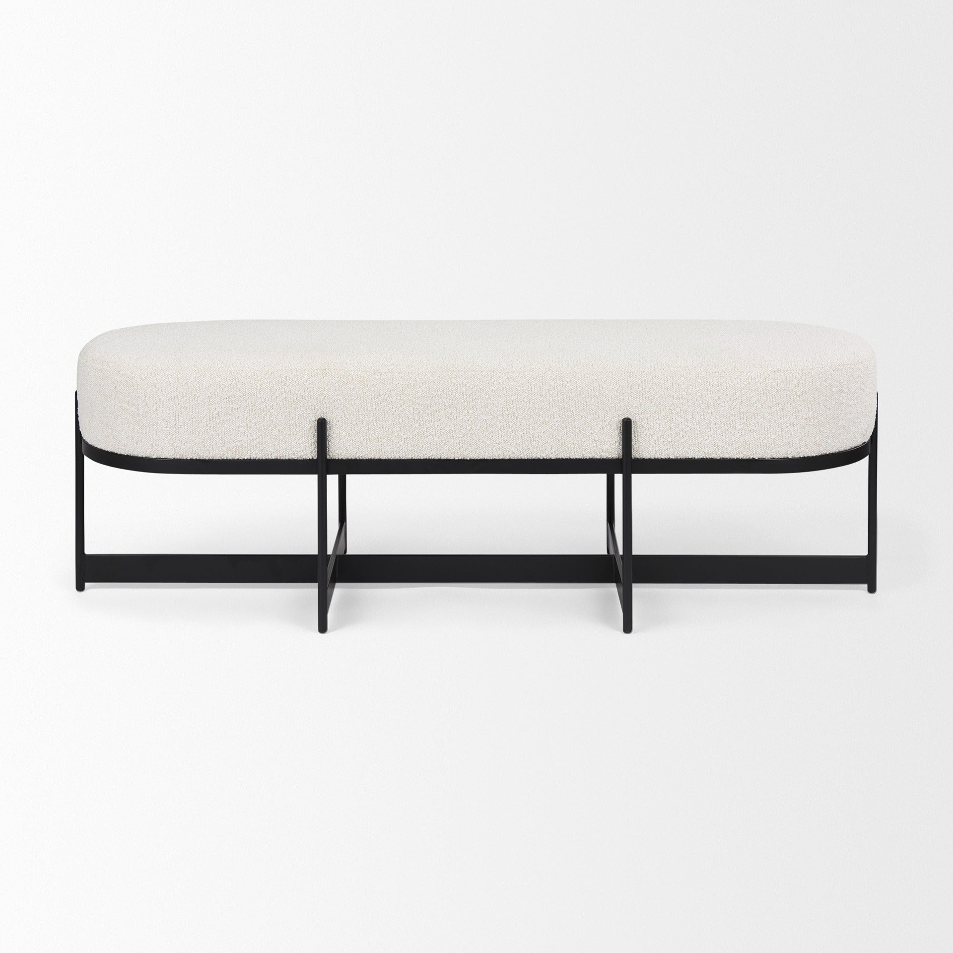 Amelia 55.0L x 18.0W x 18.0H Cream Boucle W/Black Metal Upholstered Bench - Dekor Butik