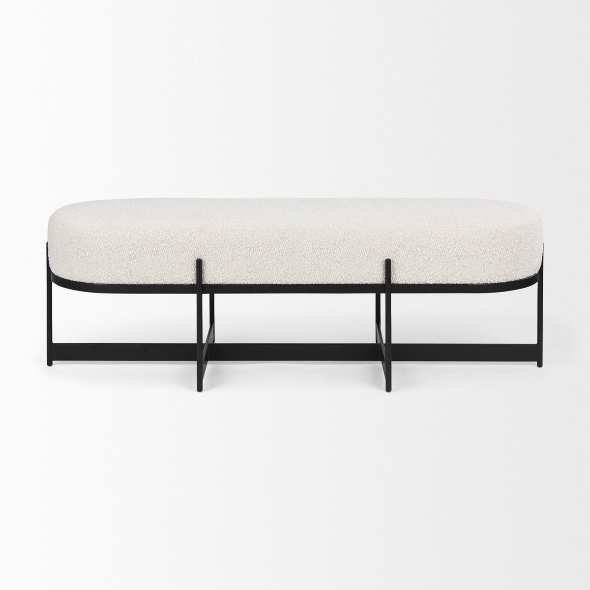 Amelia 55.0L x 18.0W x 18.0H Cream Boucle W/Black Metal Upholstered Bench - Dekor Butik