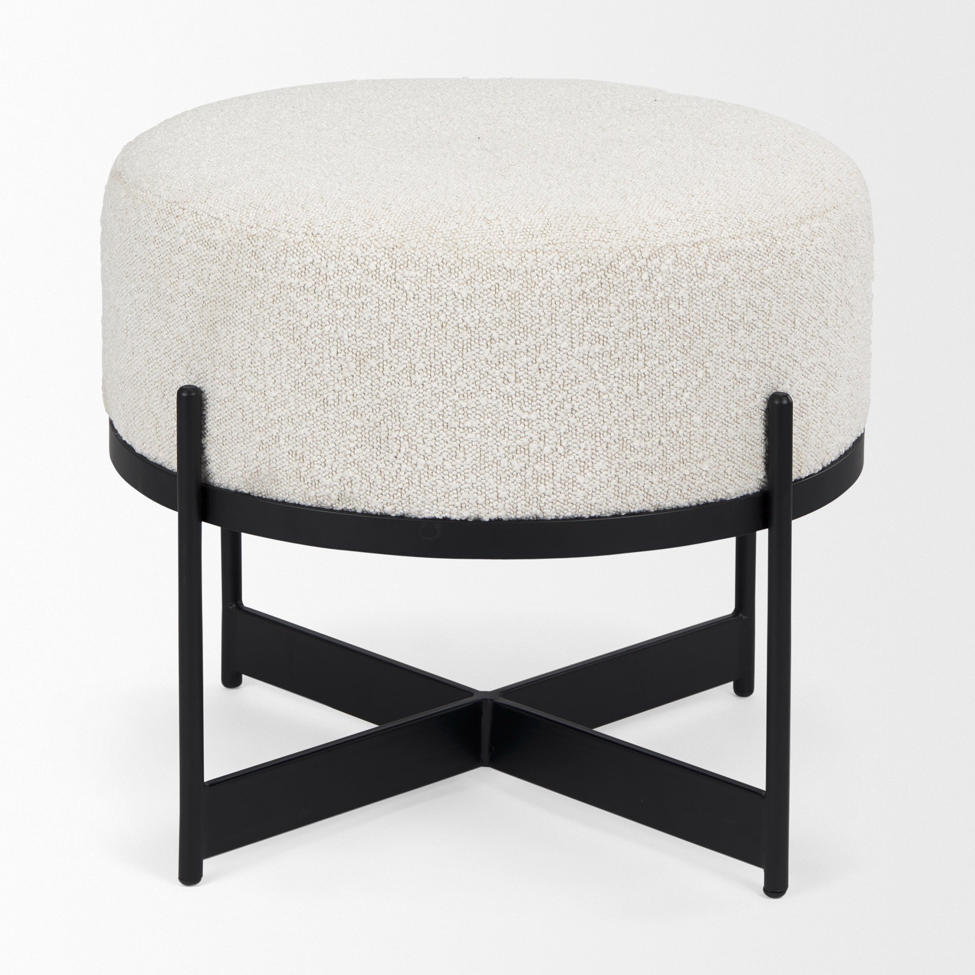 Amelia Cream Boucle W/Black Metal Upholstered Pouf - Dekor Butik