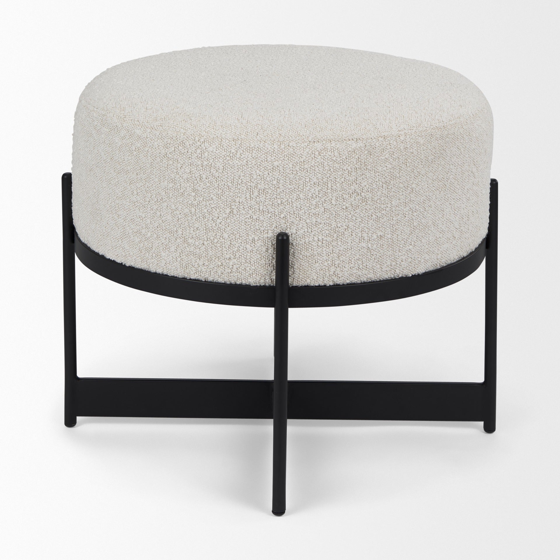 Amelia Cream Boucle W/Black Metal Upholstered Pouf - Dekor Butik