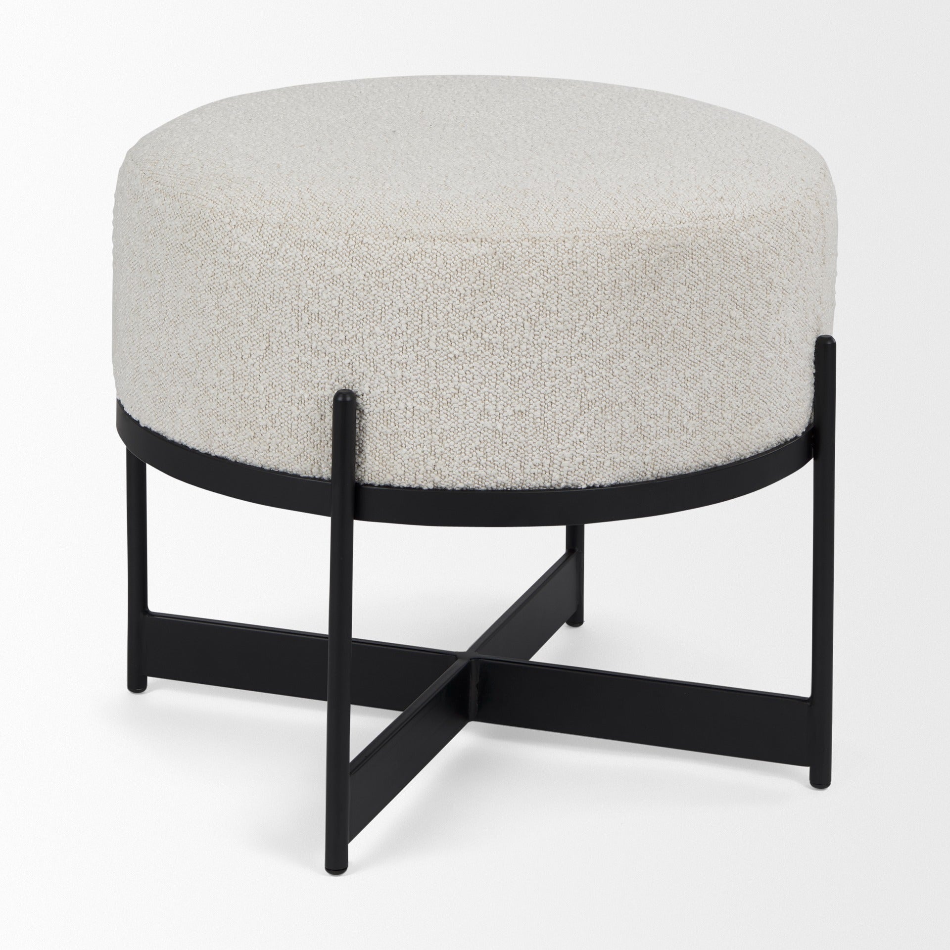 Amelia Cream Boucle W/Black Metal Upholstered Pouf - Dekor Butik
