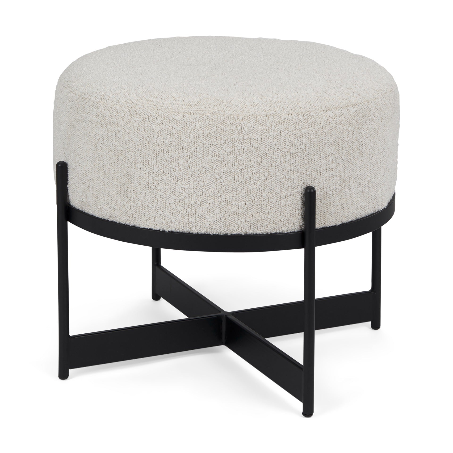 Amelia Cream Boucle W/Black Metal Upholstered Pouf - Dekor Butik
