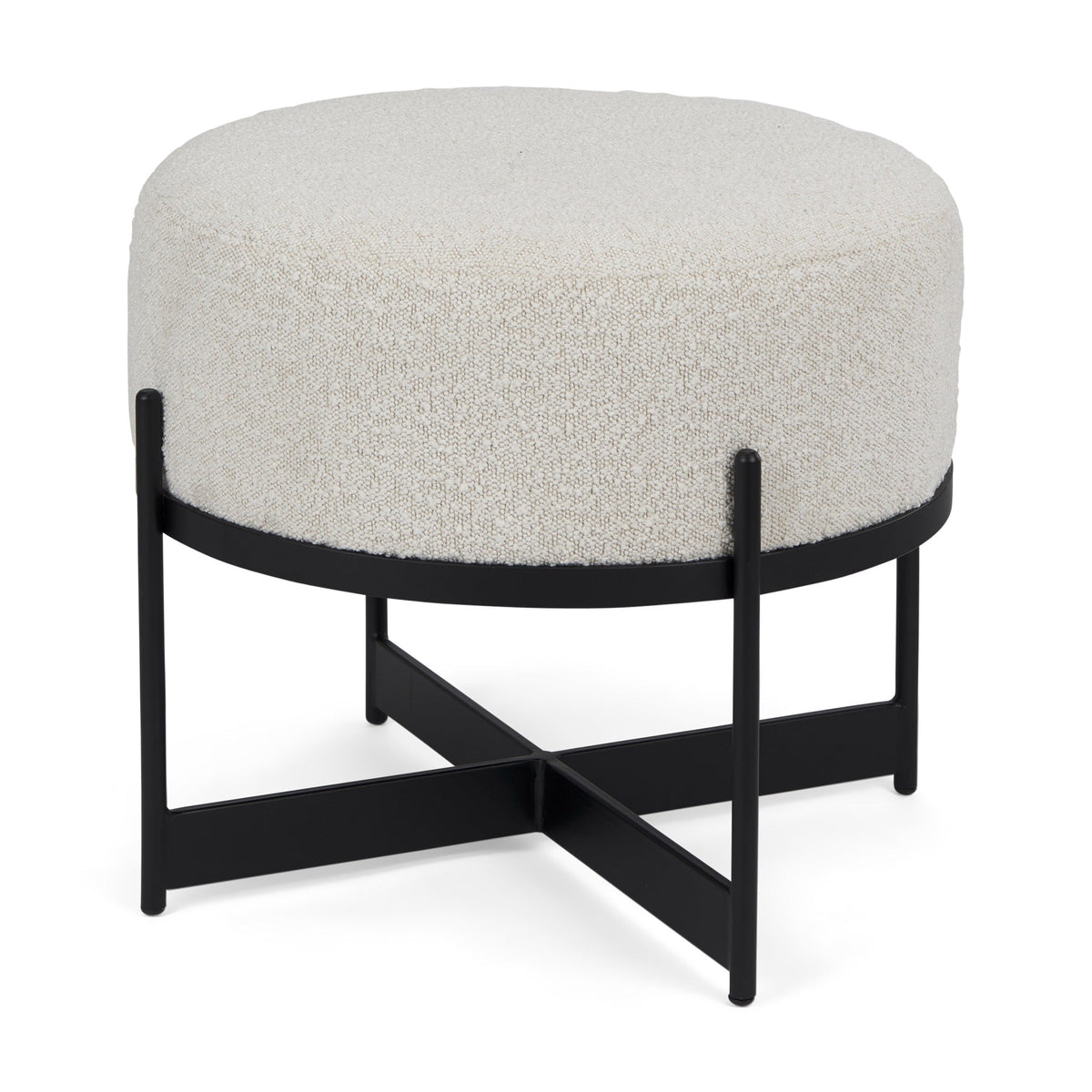 Amelia Cream Boucle W/Black Metal Upholstered Pouf - Dekor Butik