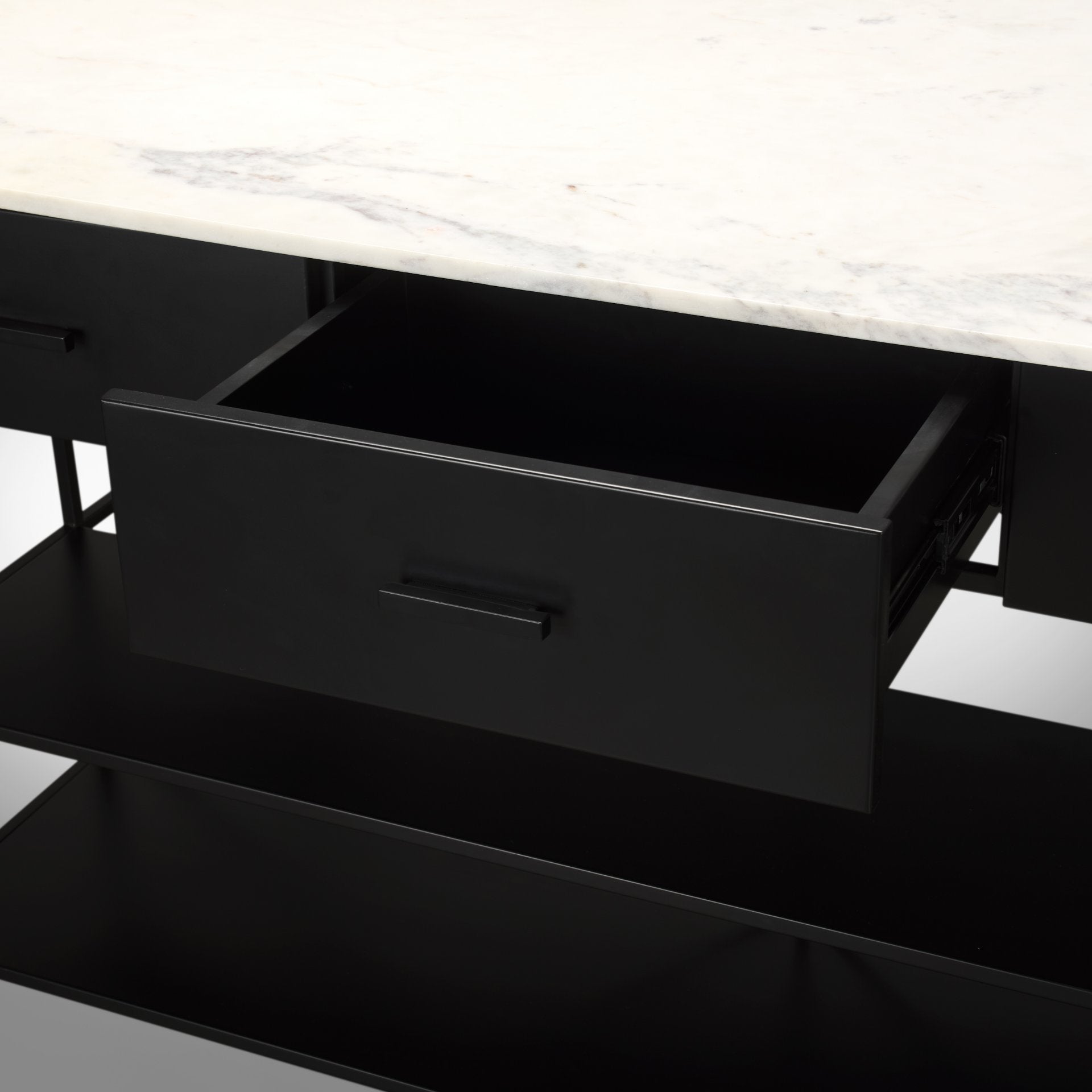 Amika White Marble Top Black Metal Kitchen Island - Dekor Butik