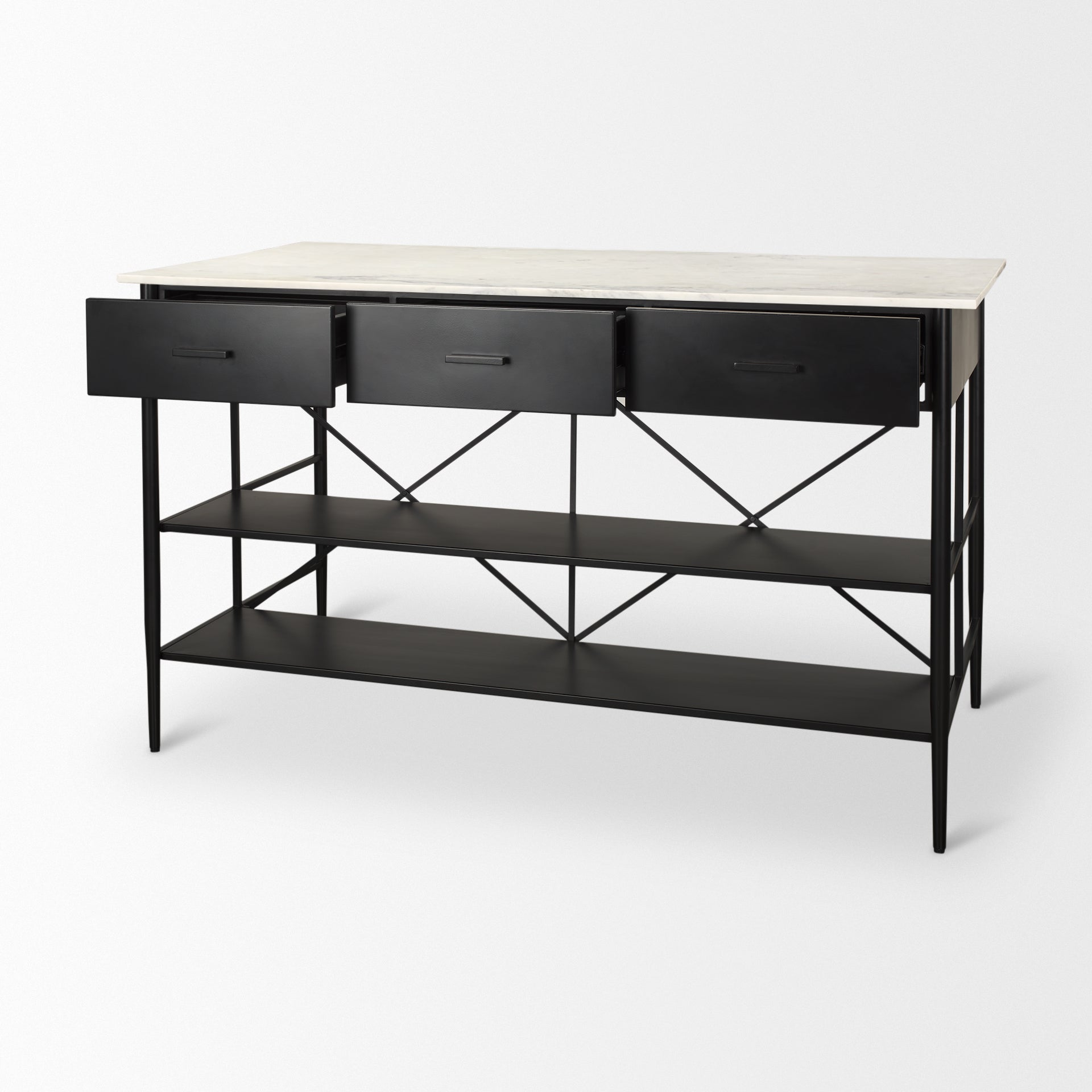 Amika White Marble Top Black Metal Kitchen Island - Dekor Butik