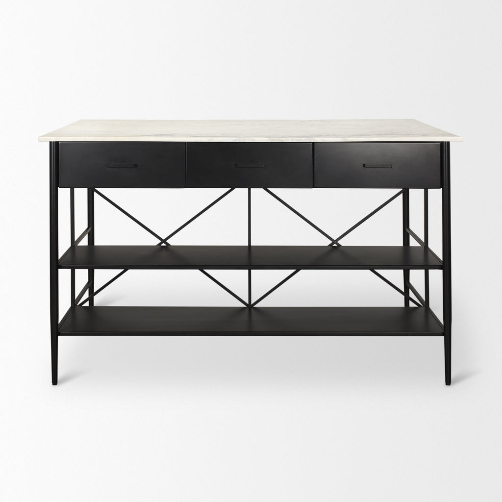 Amika White Marble Top Black Metal Kitchen Island - Dekor Butik