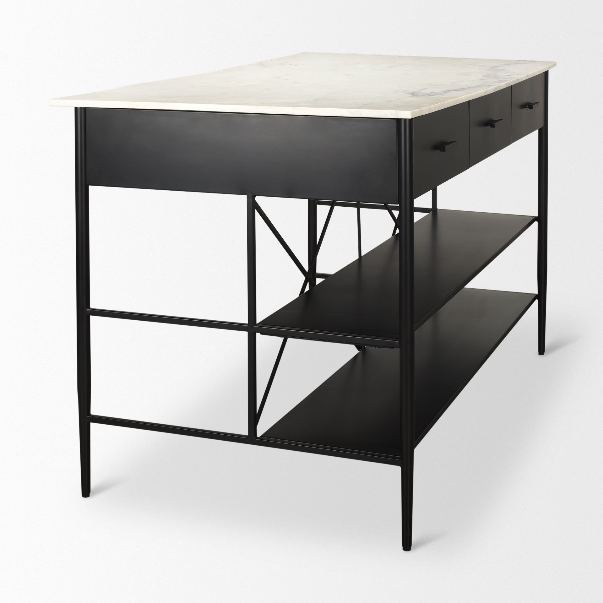 Amika White Marble Top Black Metal Kitchen Island - Dekor Butik