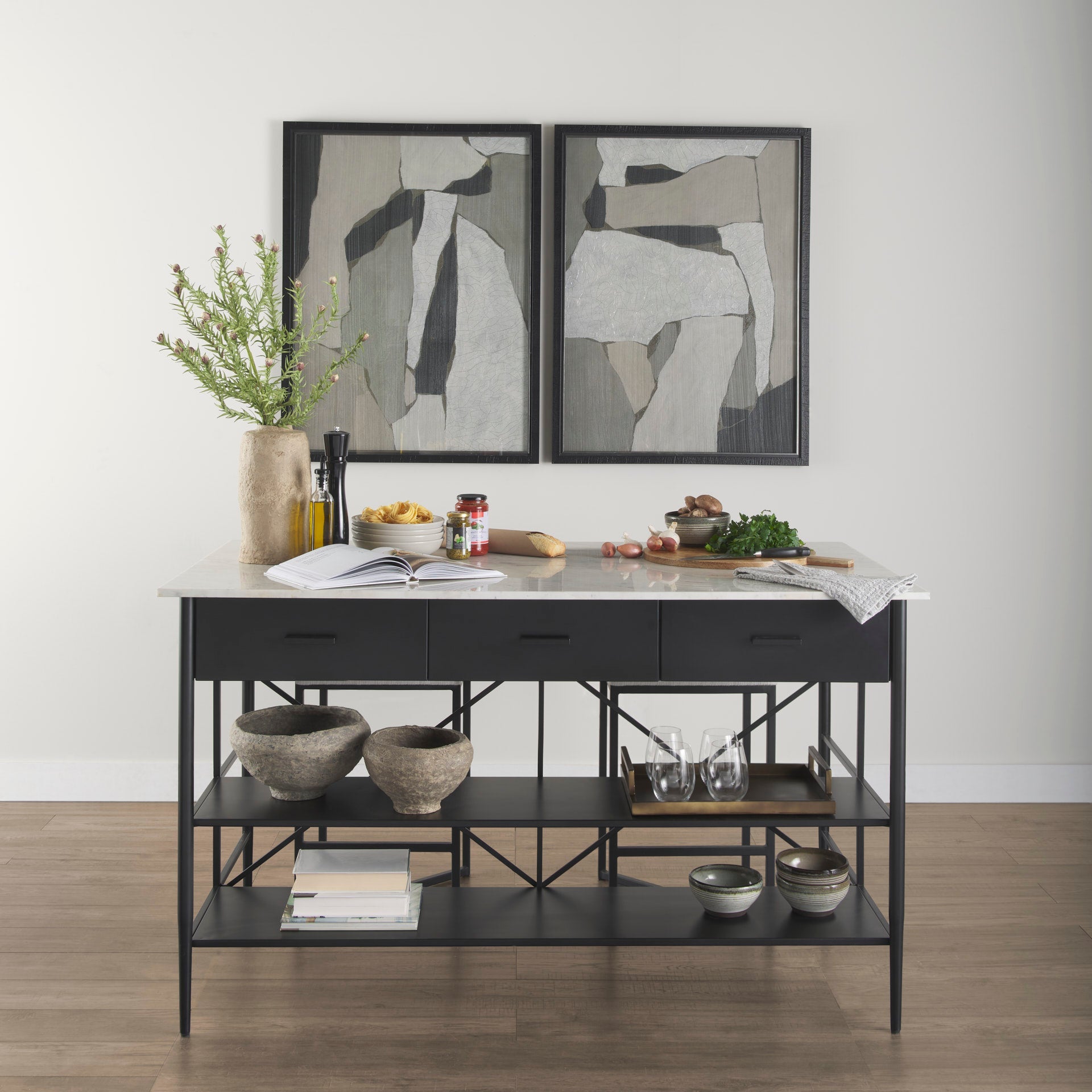 Amika White Marble Top Black Metal Kitchen Island - Dekor Butik