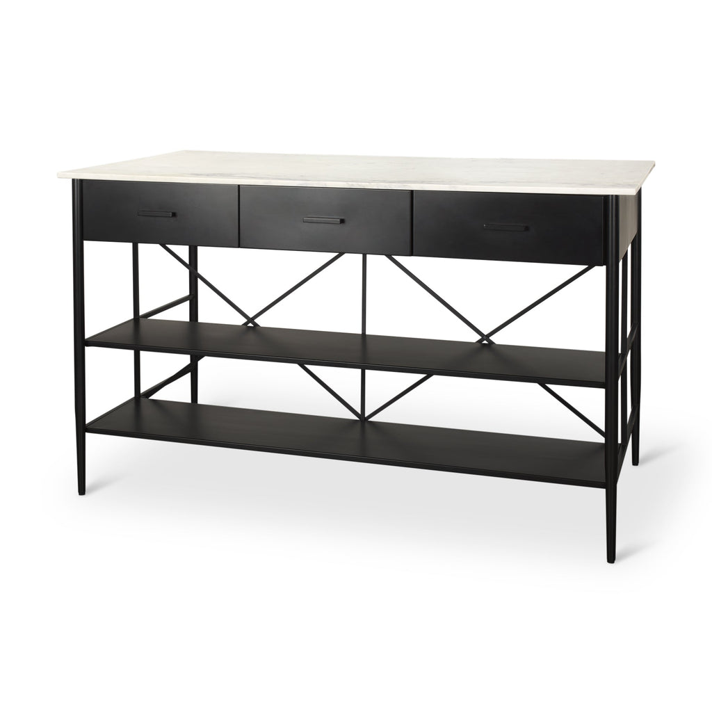 Amika White Marble Top Black Metal Kitchen Island - Dekor Butik