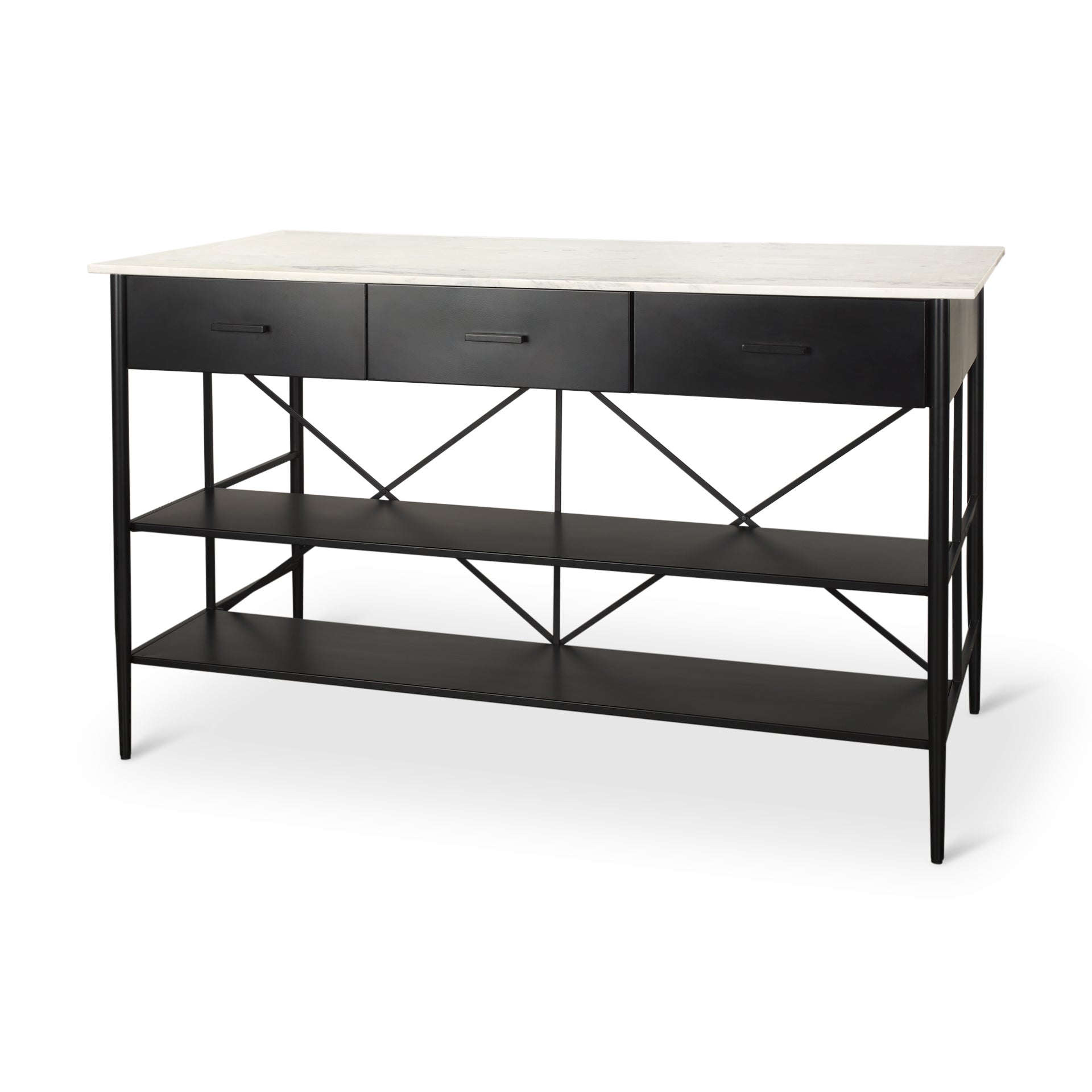 Amika White Marble Top Black Metal Kitchen Island - Dekor Butik