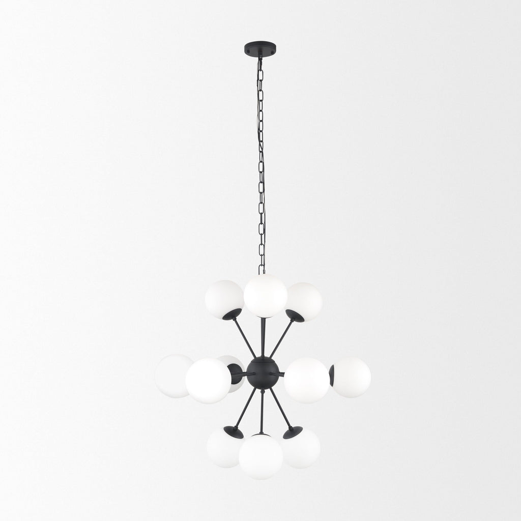 Barbara Matte Black Metal w/ Frosted Glass Globes 11 - Light Chandelier - Dekor Butik