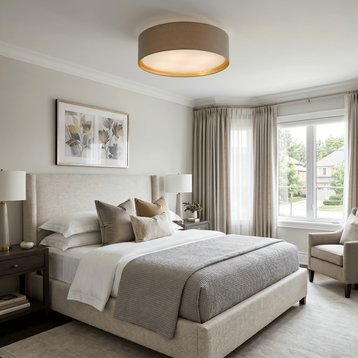 BILBAO Gold Fabric Flush Mount Ceiling Light for Bedroom, Hallway & Living Room - Dekor Butik