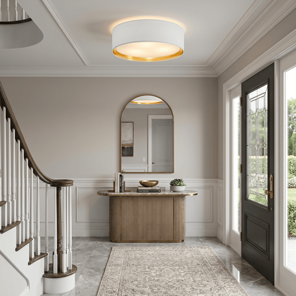 BILBAO Gold Fabric Flush Mount Ceiling Light for Bedroom, Hallway & Living Room - Dekor Butik