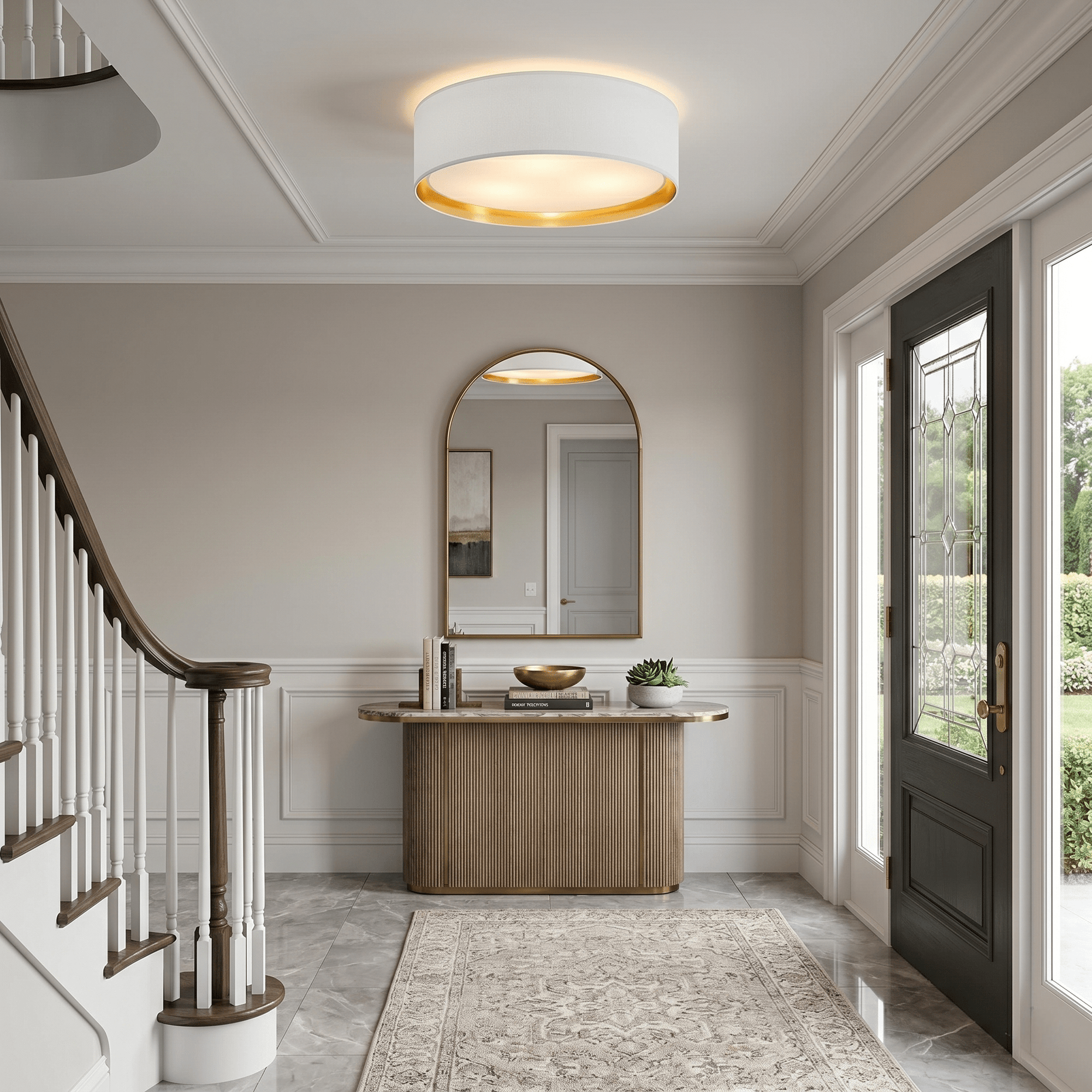 BILBAO Gold Fabric Flush Mount Ceiling Light for Bedroom, Hallway & Living Room - Dekor Butik