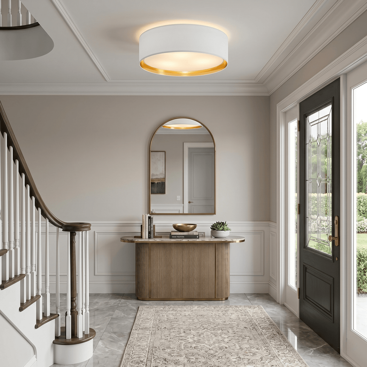 BILBAO Gold Fabric Flush Mount Ceiling Light for Bedroom, Hallway & Living Room - Dekor Butik