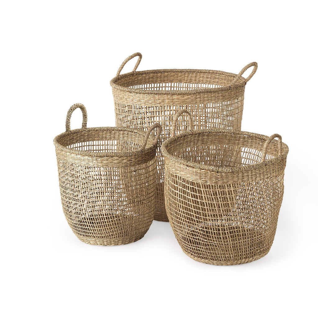 Bowie 19.7L x 19.7W x 19.7H (Set of 3) Medium Brown Seagrass Round Basket W/ Handles - Dekor Butik