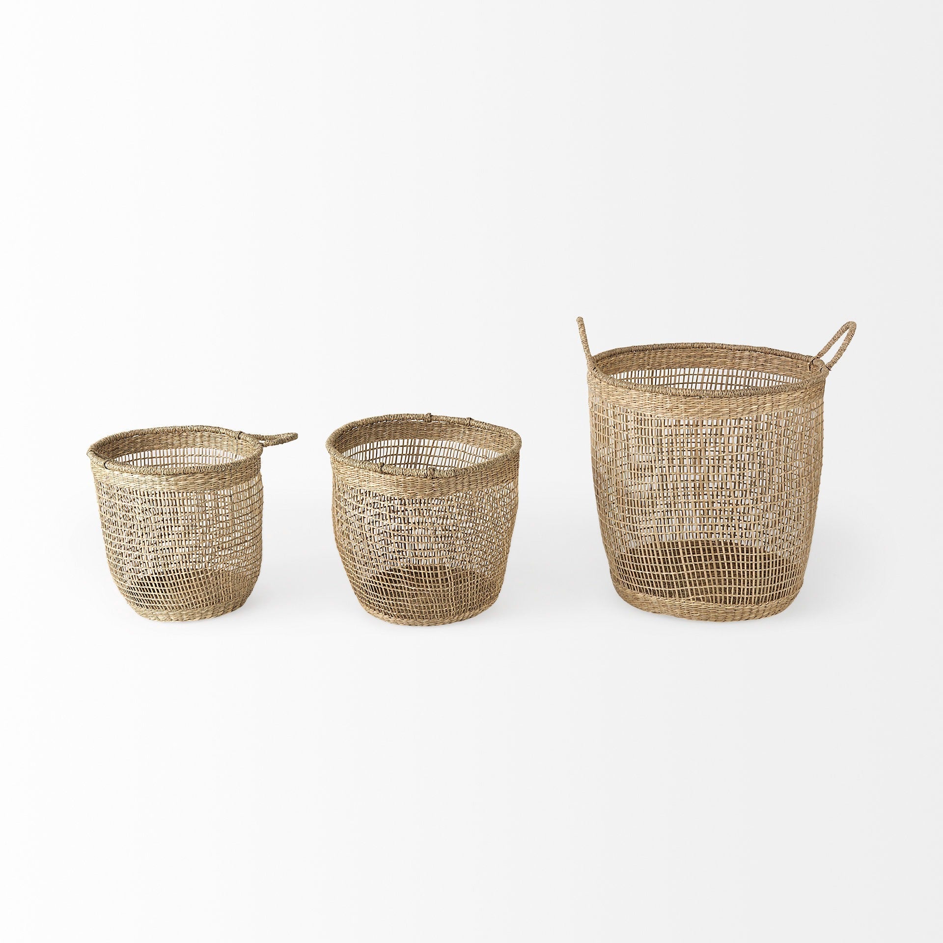 Bowie 19.7L x 19.7W x 19.7H (Set of 3) Medium Brown Seagrass Round Basket W/ Handles - Dekor Butik