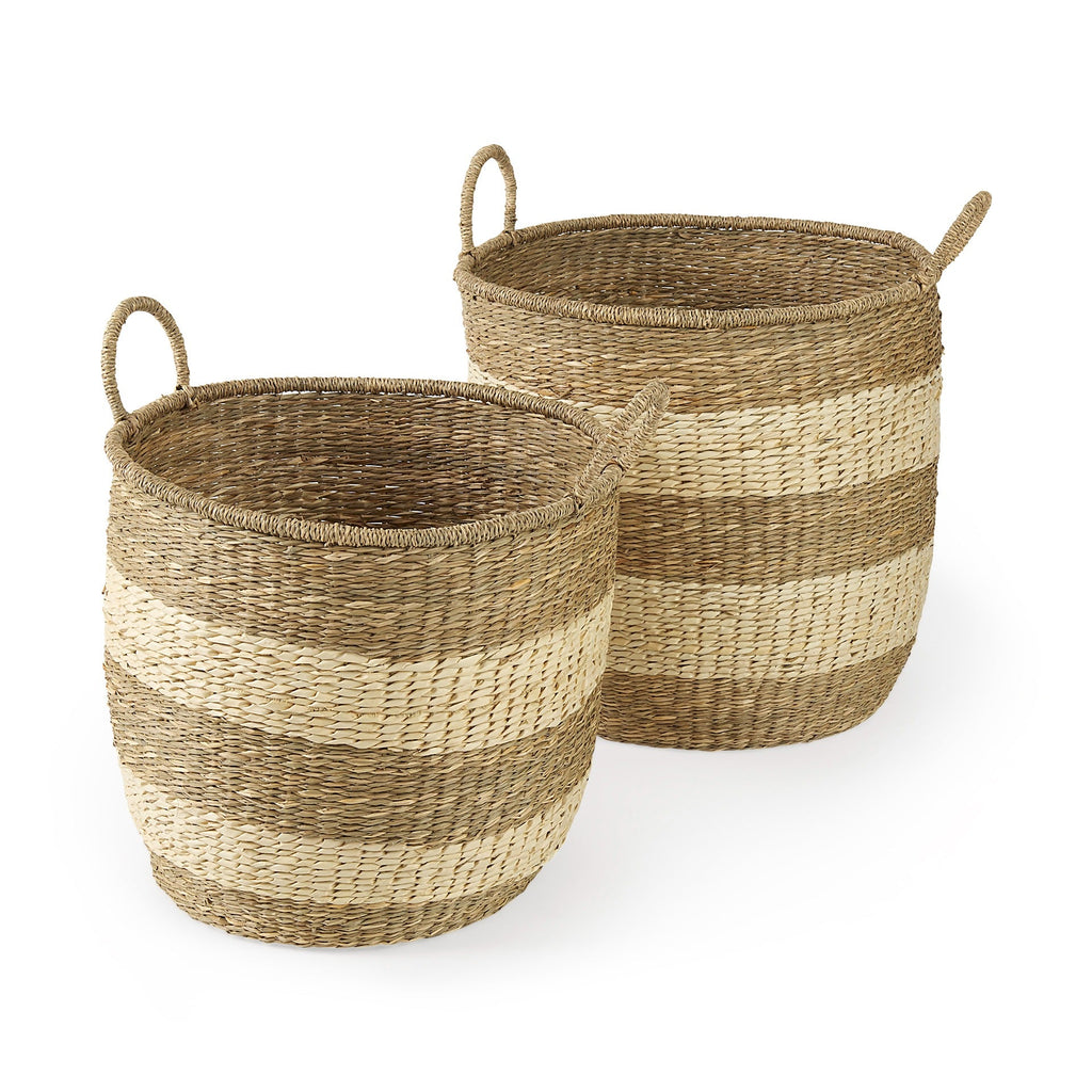 Bradley 18.1L x 18.1W x 16.0H (Set of 2) Light Brown W/Striped Seagrass Basket W/ Handles - Dekor Butik