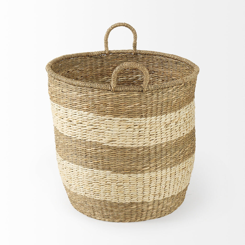 Bradley 18.1L x 18.1W x 16.0H (Set of 2) Light Brown W/Striped Seagrass Basket W/ Handles - Dekor Butik