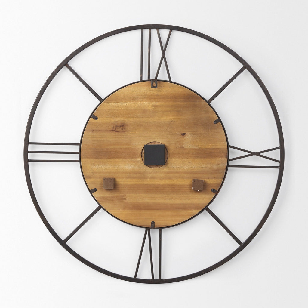 Brielle 29.9L x 2.1W x 29.9H Black Iron W/Wood Round Wall Clock - Dekor Butik