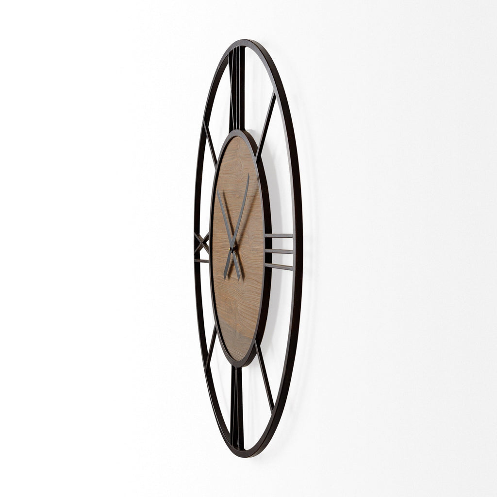 Brielle 29.9L x 2.1W x 29.9H Black Iron W/Wood Round Wall Clock - Dekor Butik