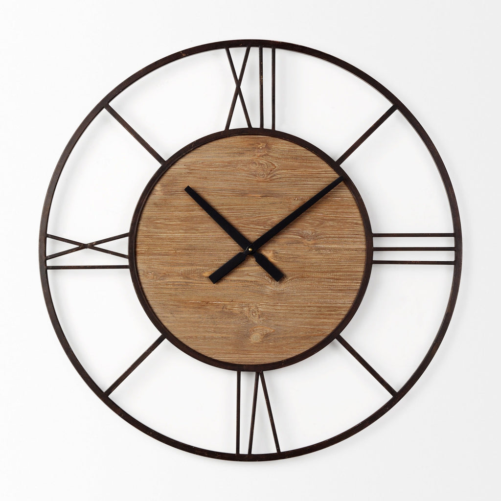 Brielle 29.9L x 2.1W x 29.9H Black Iron W/Wood Round Wall Clock - Dekor Butik