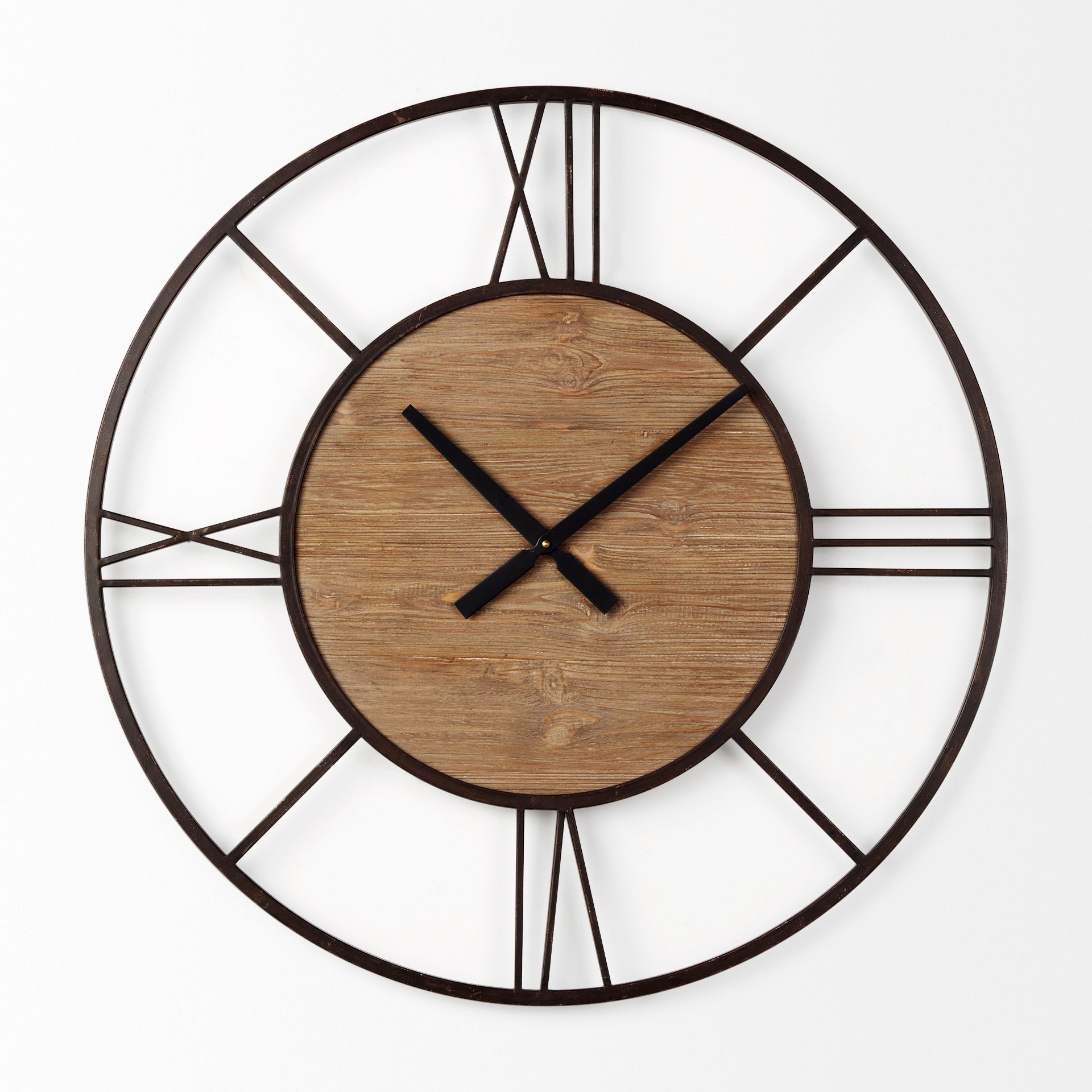 Brielle 29.9L x 2.1W x 29.9H Black Iron W/Wood Round Wall Clock - Dekor Butik