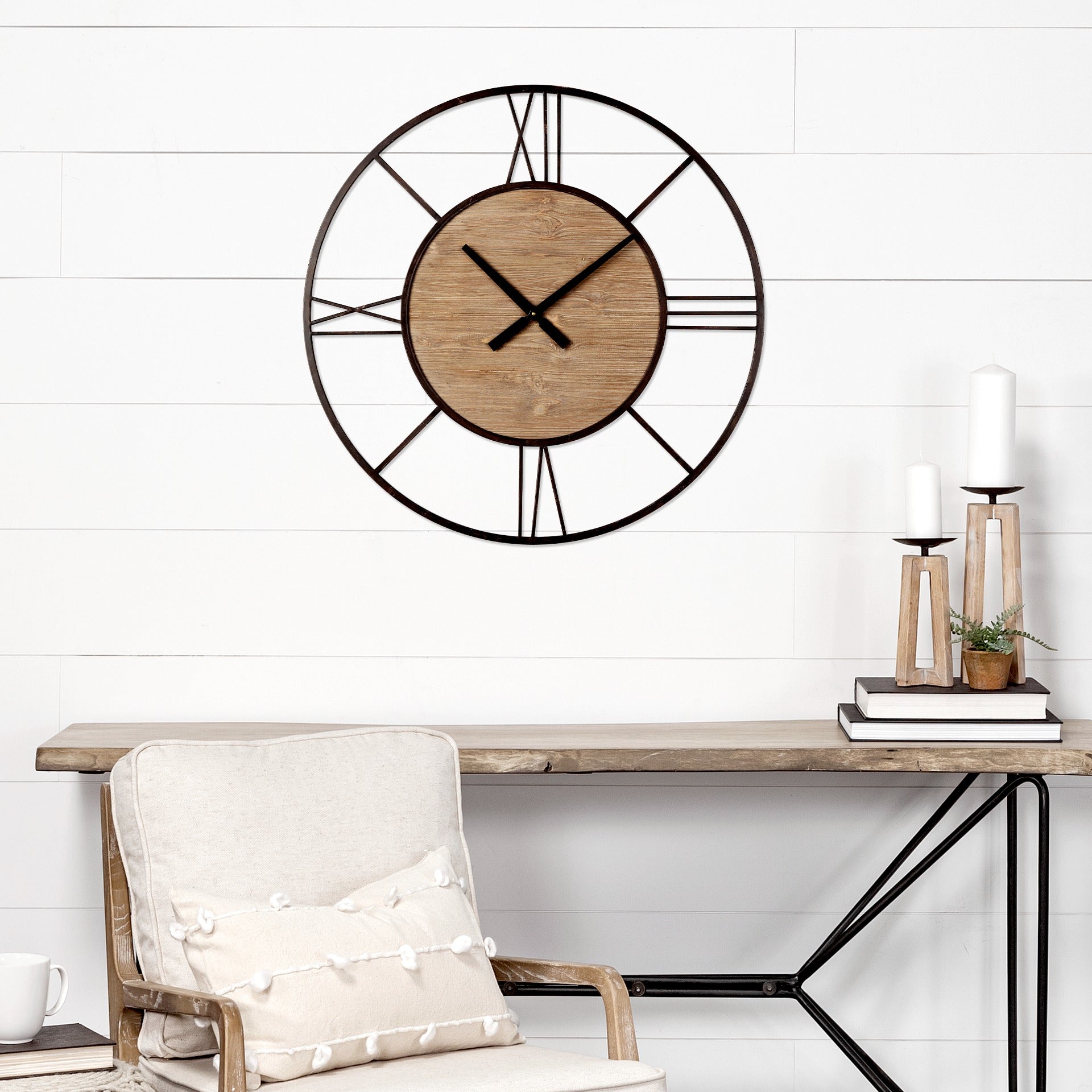 Brielle 29.9L x 2.1W x 29.9H Black Iron W/Wood Round Wall Clock - Dekor Butik