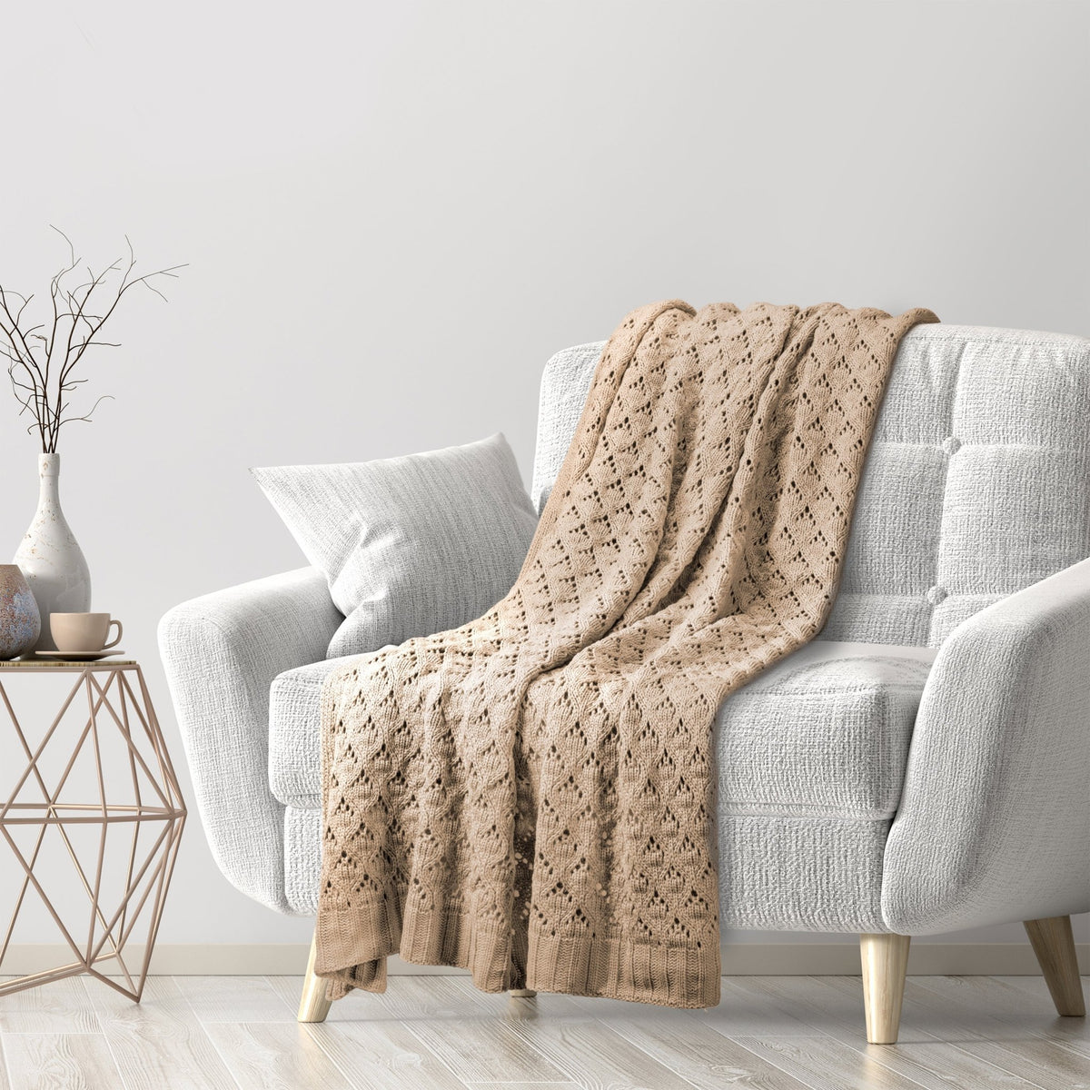 Throw BlanketsCrochet Style Taupe Knit Throw Blanket 50" x 60" - Dekor Butik