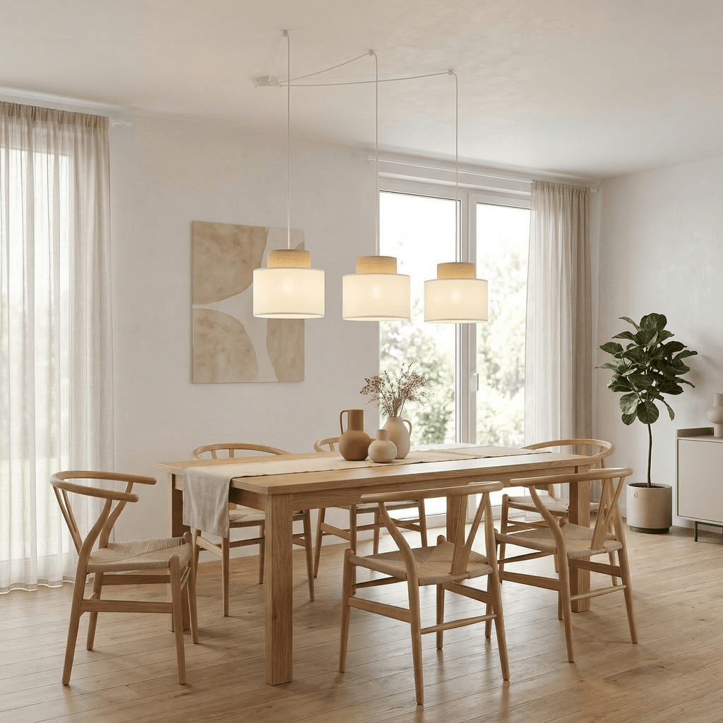 DUO White Jute Natural Suspension Pendant Ceiling Light Fixture for Kitchen Island, Dining Room & Living Room (3 - Light) - Dekor Butik