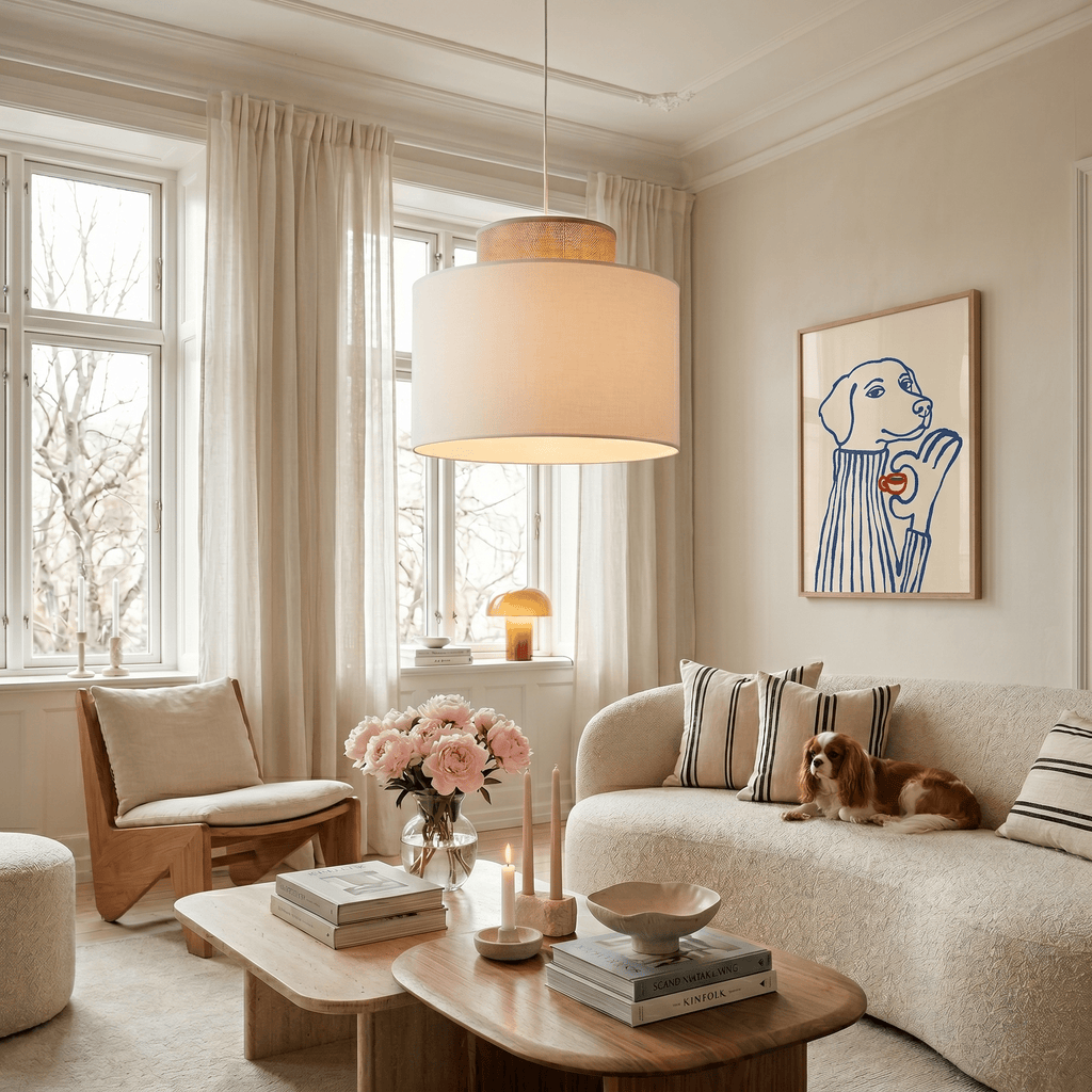 Duo White Jute Scandinavian Pendant Ceiling Light for Kitchen Island, Dining Room & Natural Interiors - Dekor Butik
