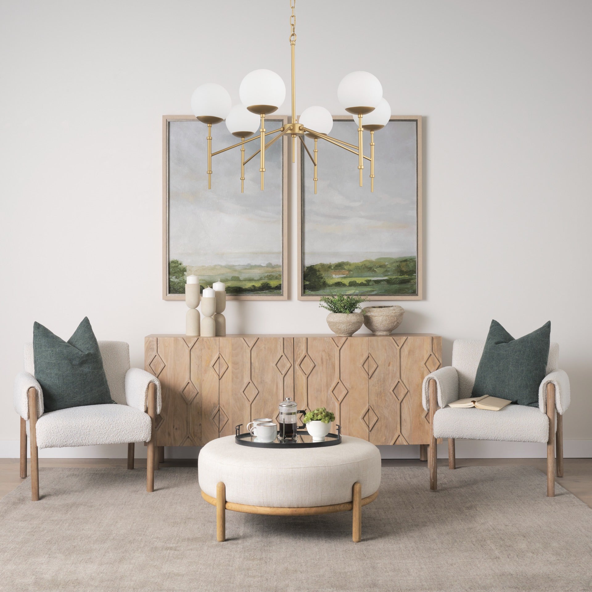 Edie Brushed Gold Metal w/ Frosted Glass Globes 6 - Light Chandelier - Dekor Butik