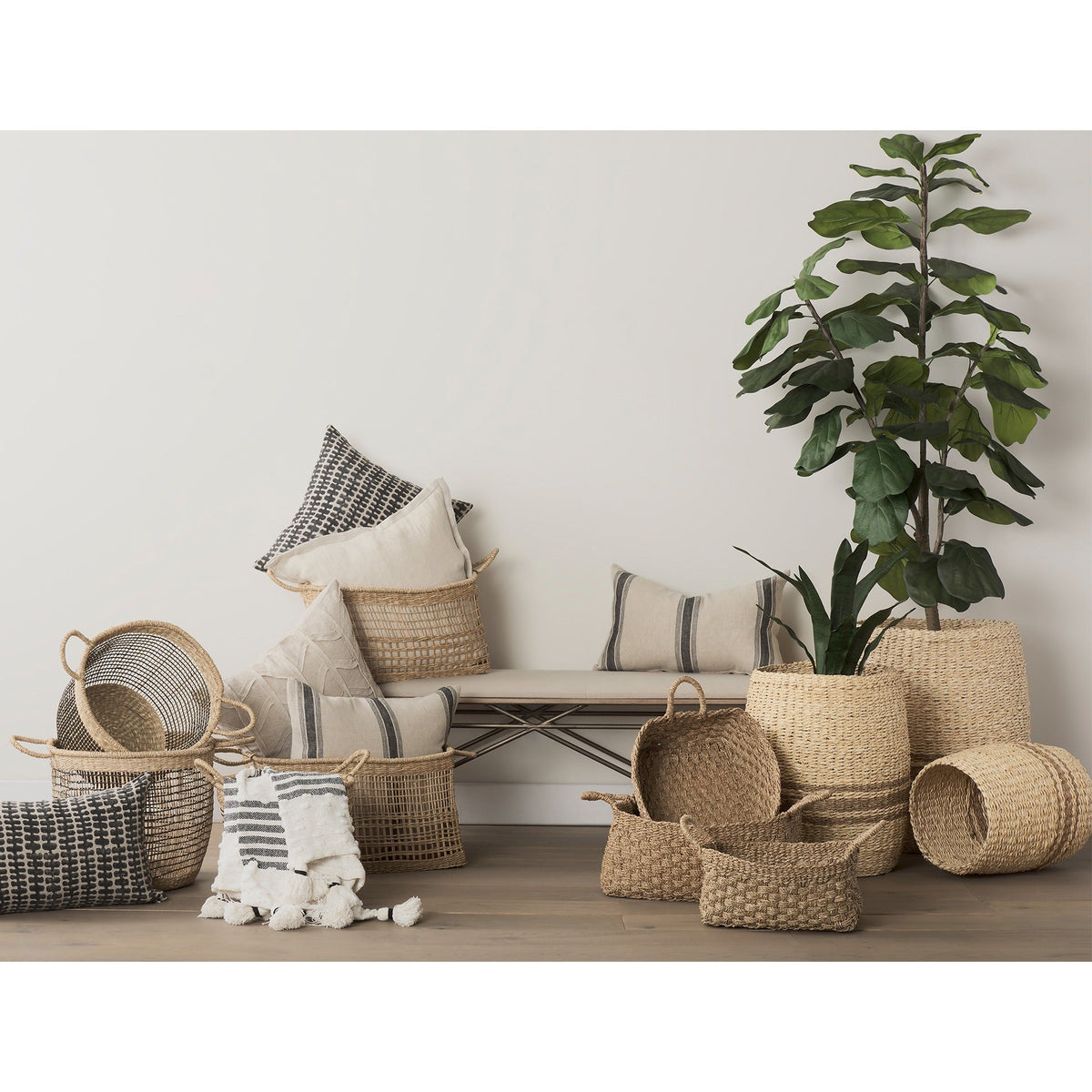 Emra 17.3L x 11.8W x 7.9H (Set of 3) Light Brown Seagrass Rectangular Basket W/ Handles - Dekor Butik