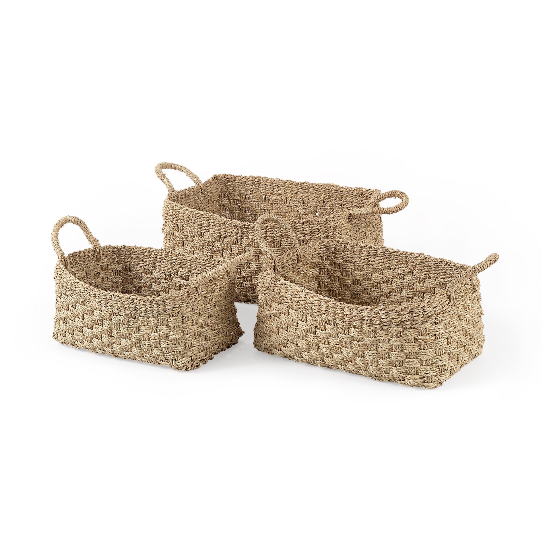 Emra 17.3L x 11.8W x 7.9H (Set of 3) Light Brown Seagrass Rectangular Basket W/ Handles - Dekor Butik