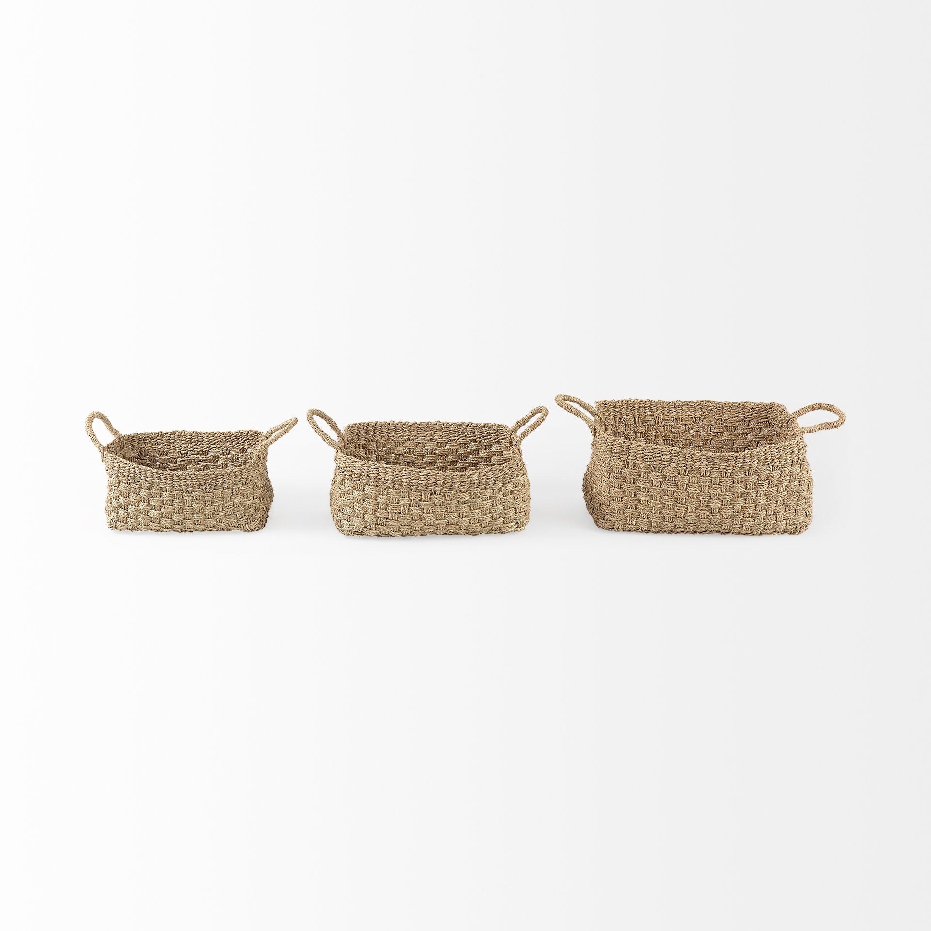 Emra 17.3L x 11.8W x 7.9H (Set of 3) Light Brown Seagrass Rectangular Basket W/ Handles - Dekor Butik