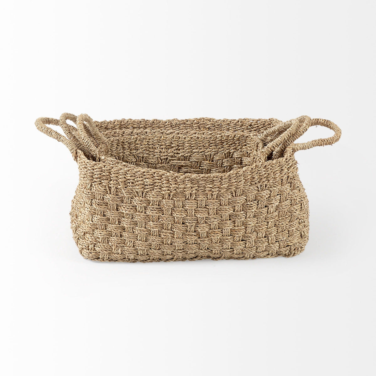 Emra 17.3L x 11.8W x 7.9H (Set of 3) Light Brown Seagrass Rectangular Basket W/ Handles - Dekor Butik