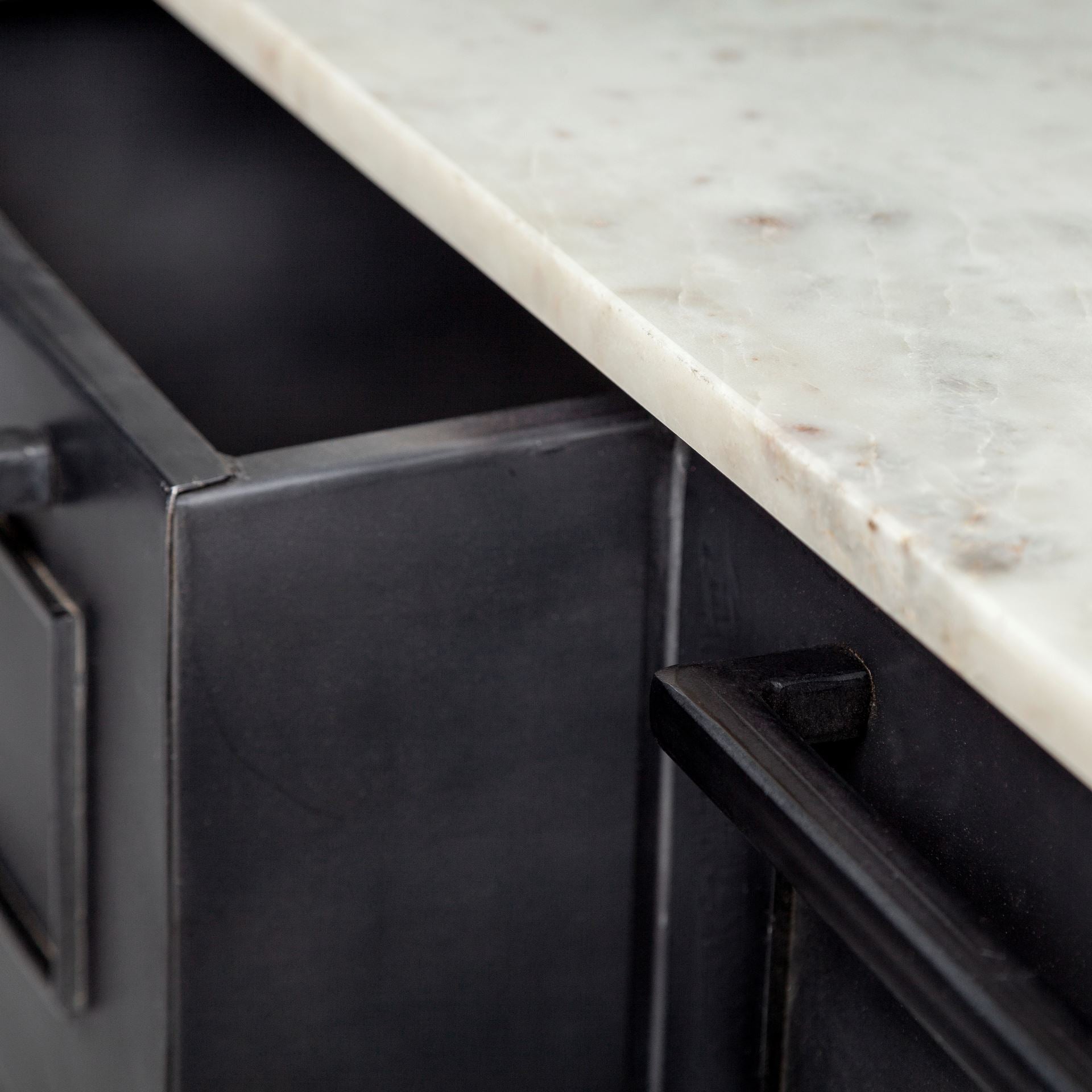 Fieri Black Solid Iron White Marble Top Kitchen Island - Dekor Butik