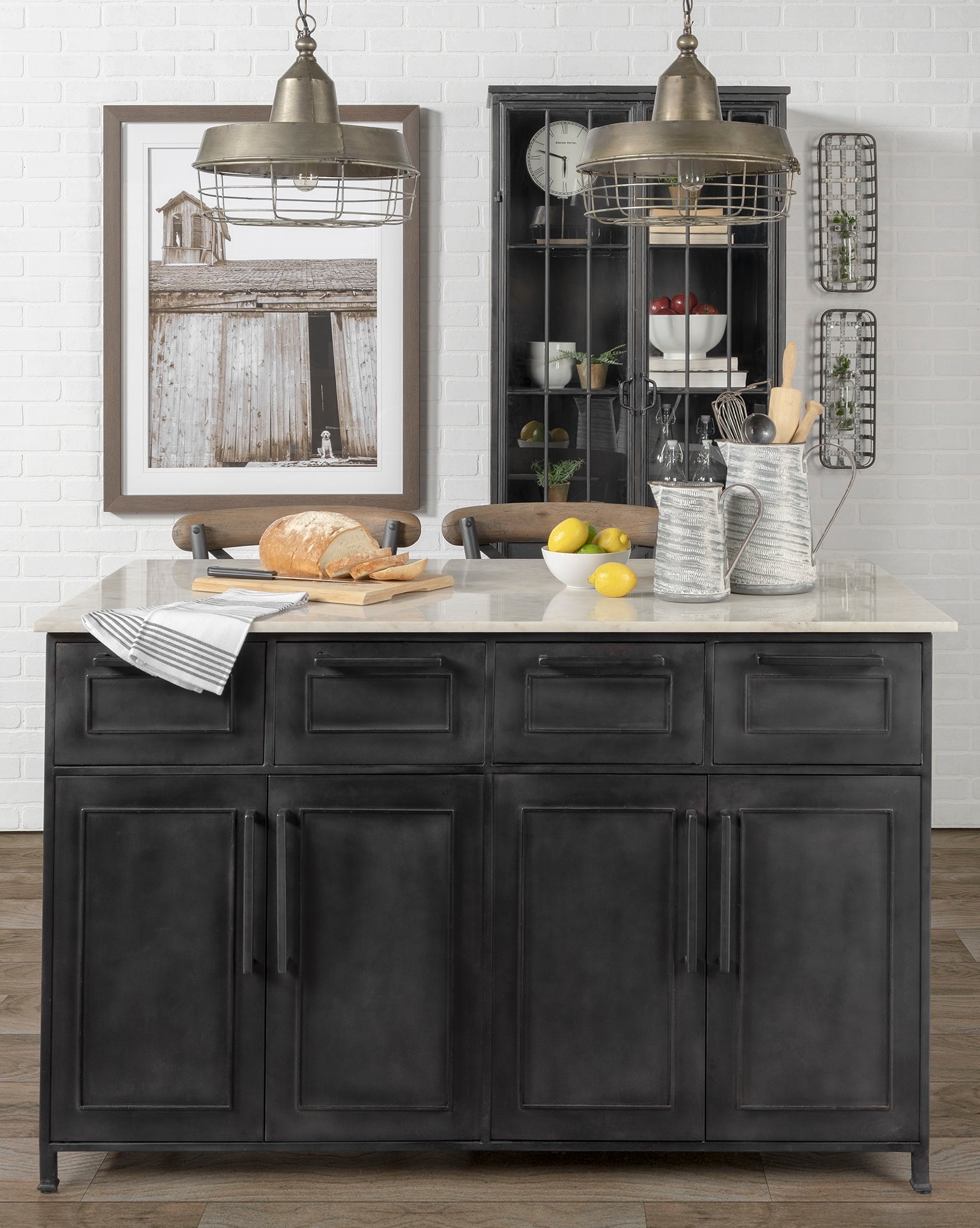 Fieri Black Solid Iron White Marble Top Kitchen Island - Dekor Butik