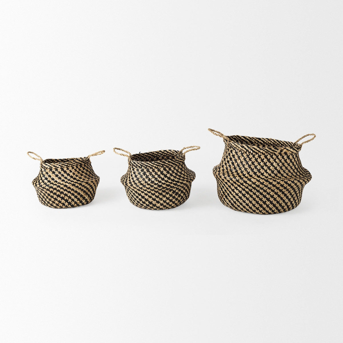 Gaia 17.7L x 17.7W x 20.5H Set of 3 Light and Dark Brown Cross Patterend Belly Seagrass Basket - Dekor Butik