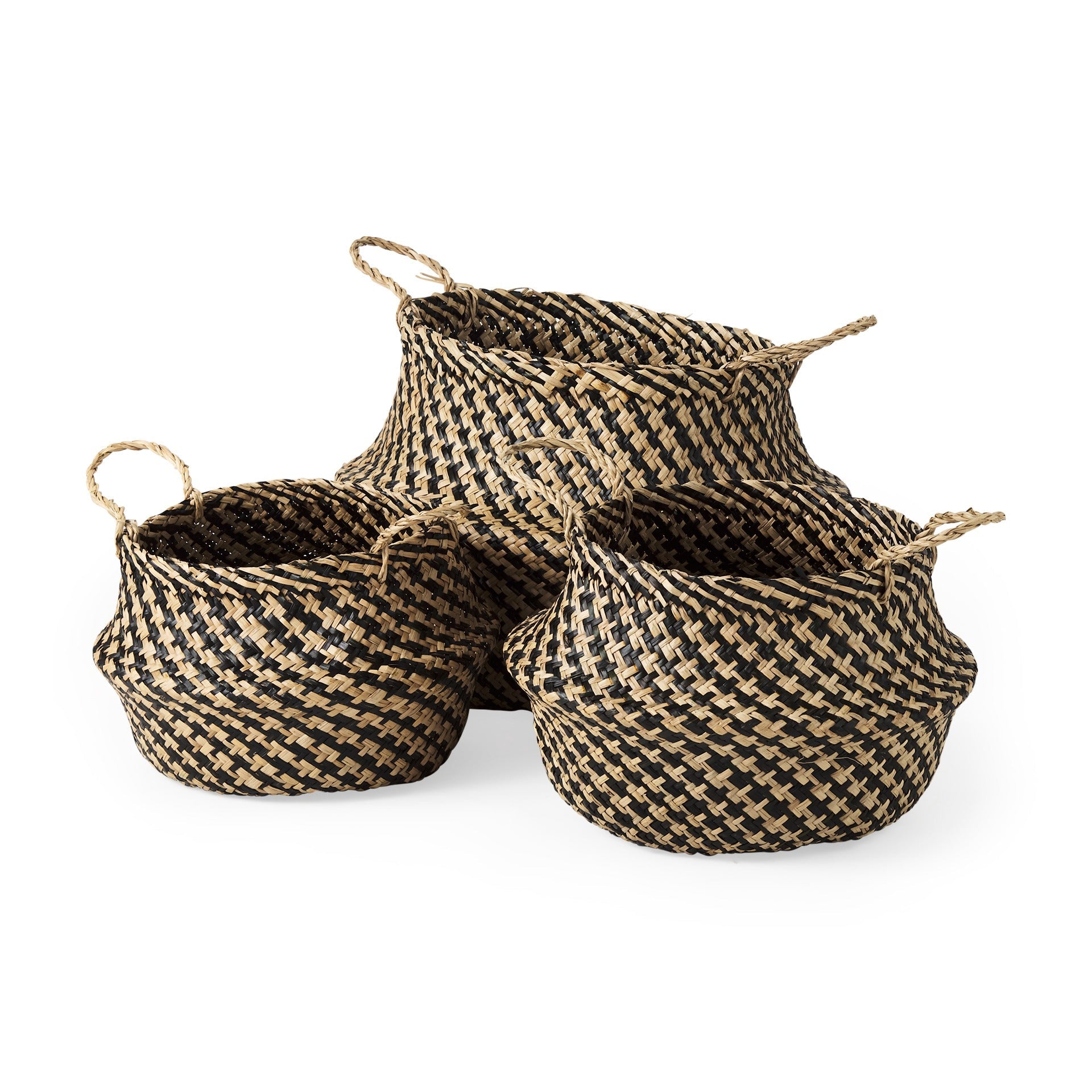 Gaia 17.7L x 17.7W x 20.5H Set of 3 Light and Dark Brown Cross Patterend Belly Seagrass Basket - Dekor Butik