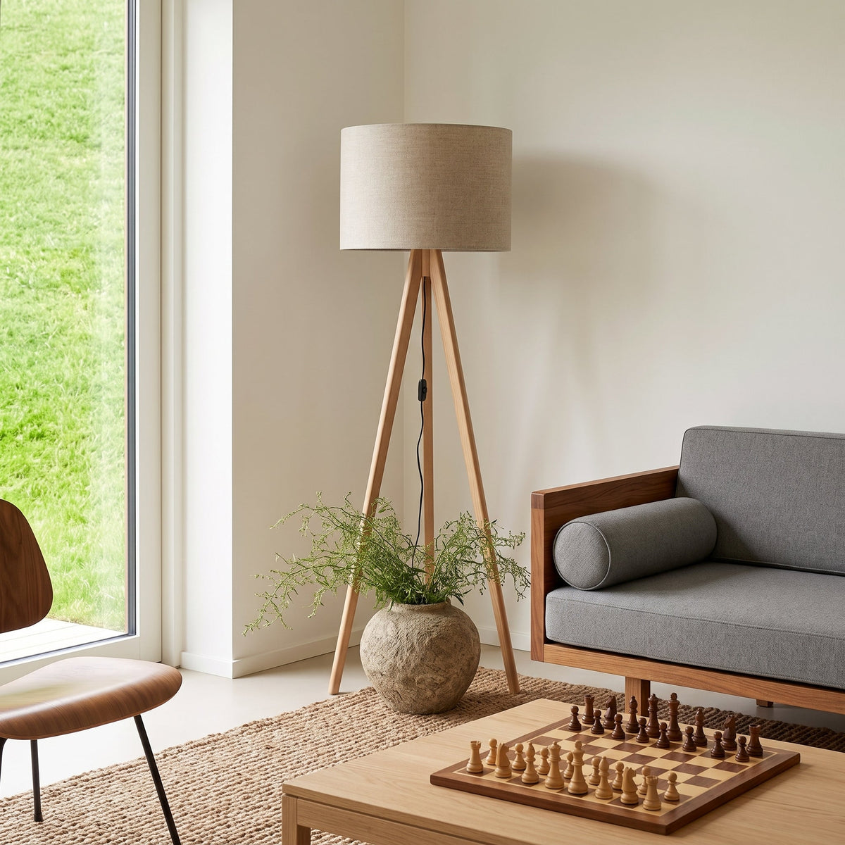 GRAND Pine & Linen Mid-Century Modern Floor Lamp for Living Room, Bedroom & Reading Nook
