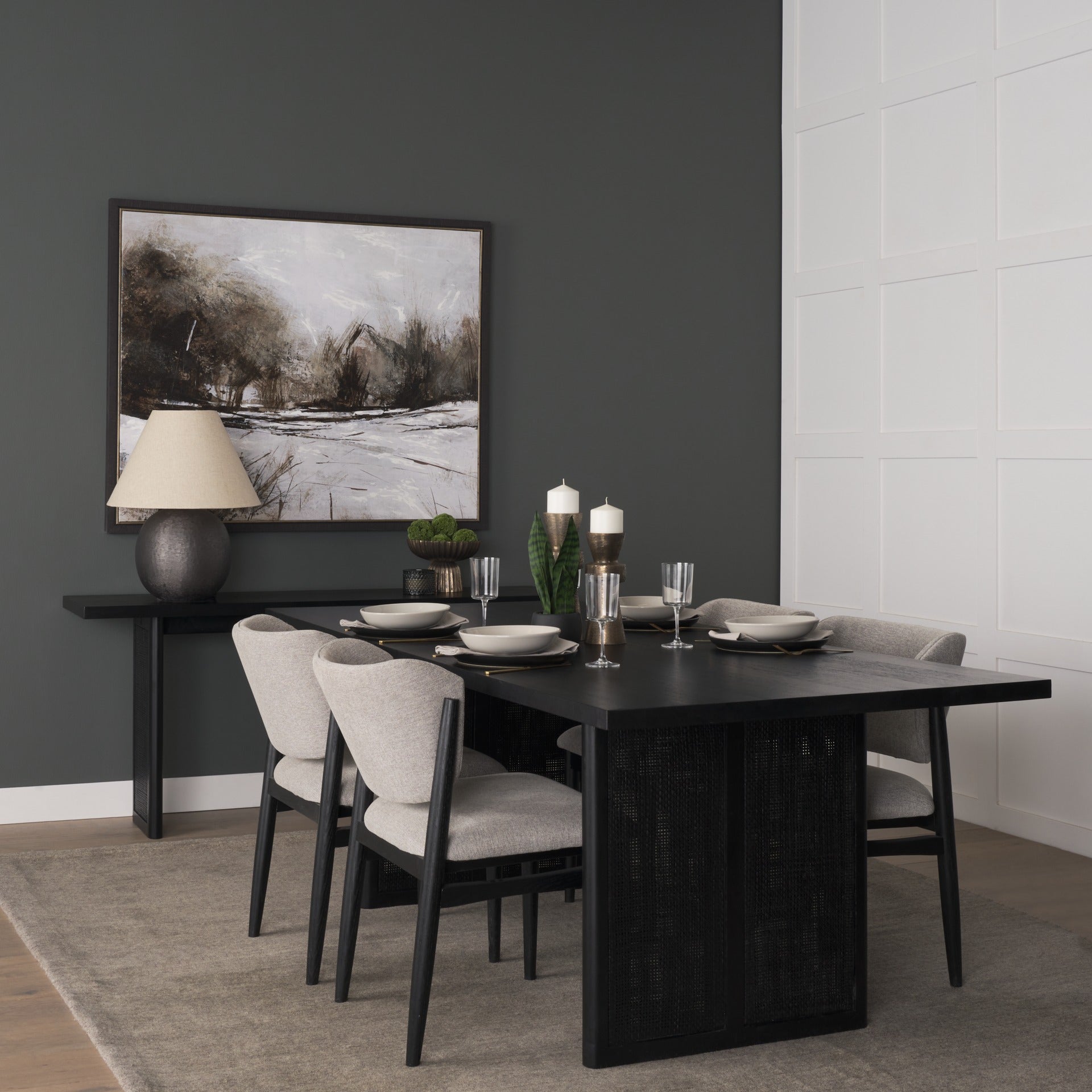 Grier 65" Black Wood w/ Black Cane Console Table - Dekor Butik