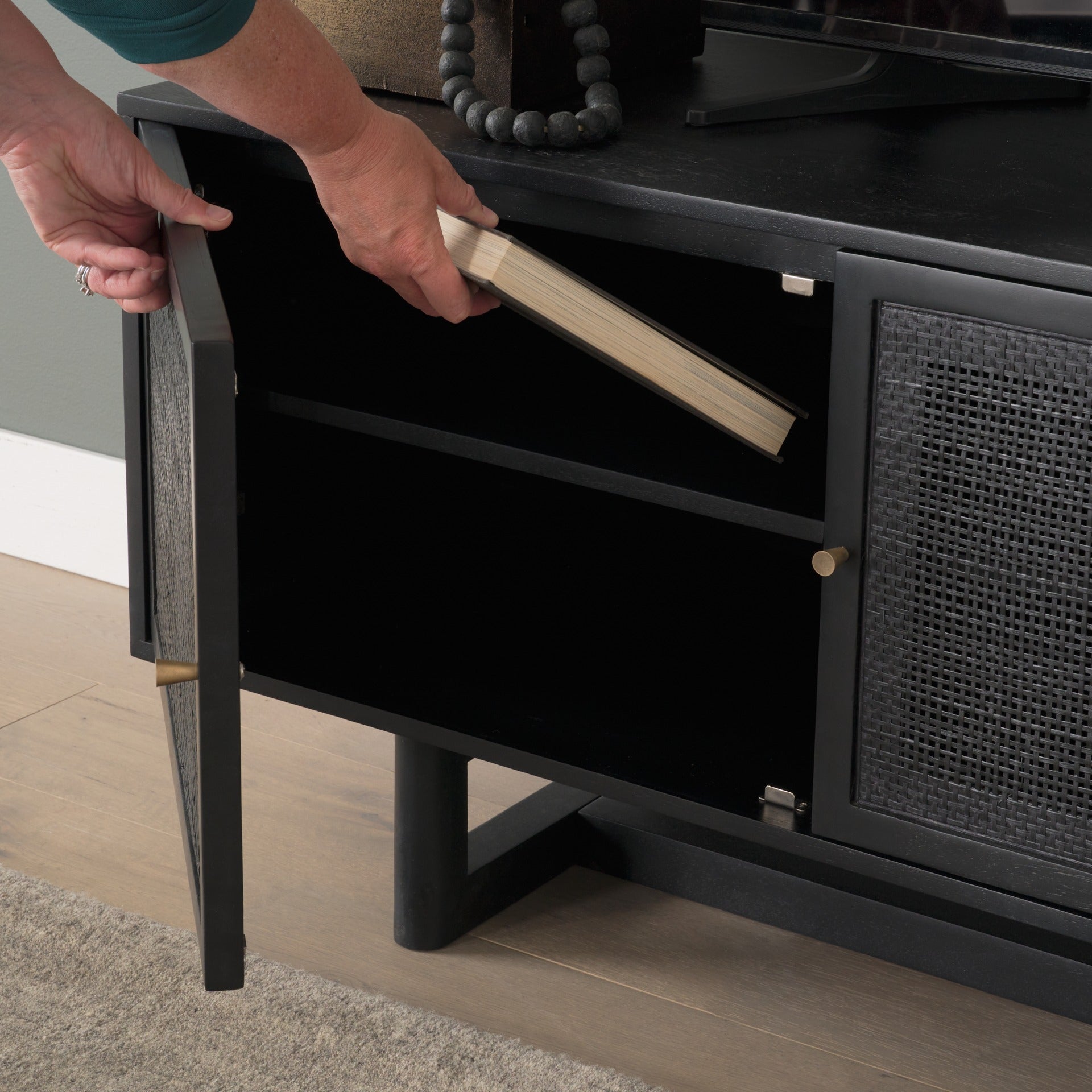 Grier 65" Medium Brown Wood W/ Cane Media Console - Dekor Butik