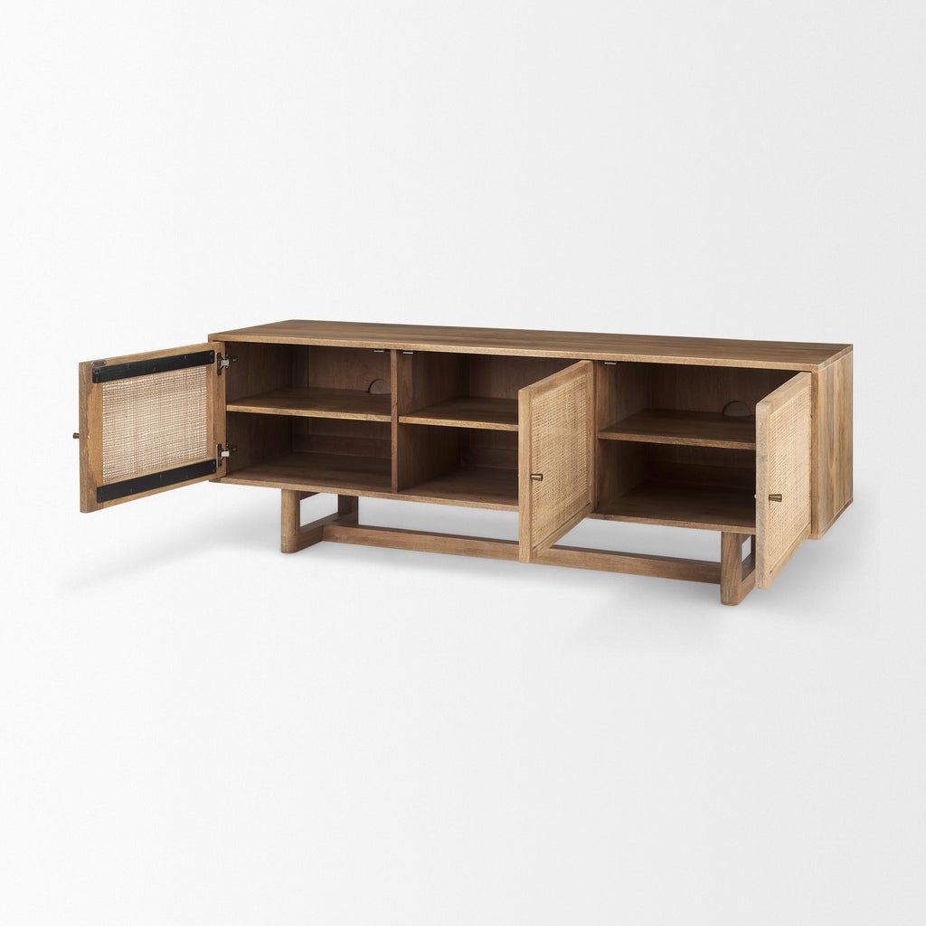Grier 65" Medium Brown Wood W/ Cane Media Console - Dekor Butik