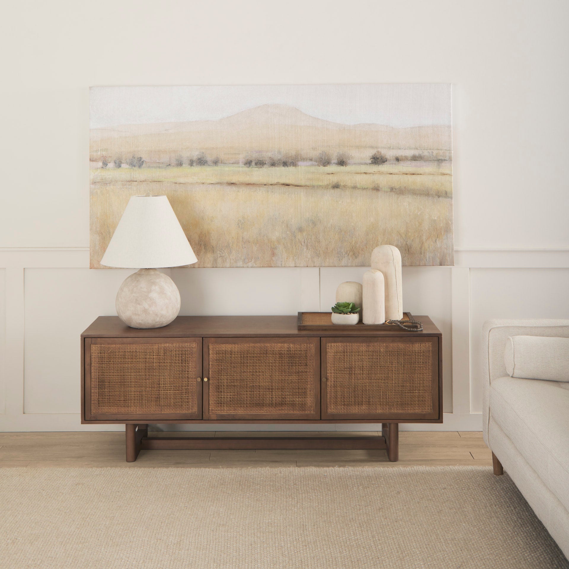 Grier 65" Medium Brown Wood W/ Cane Media Console - Dekor Butik