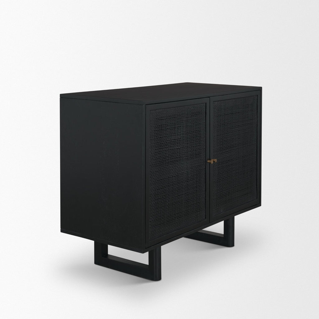 Grier Matte Black Stained Wood w/ Black Cane Accent Cabinet - Dekor Butik
