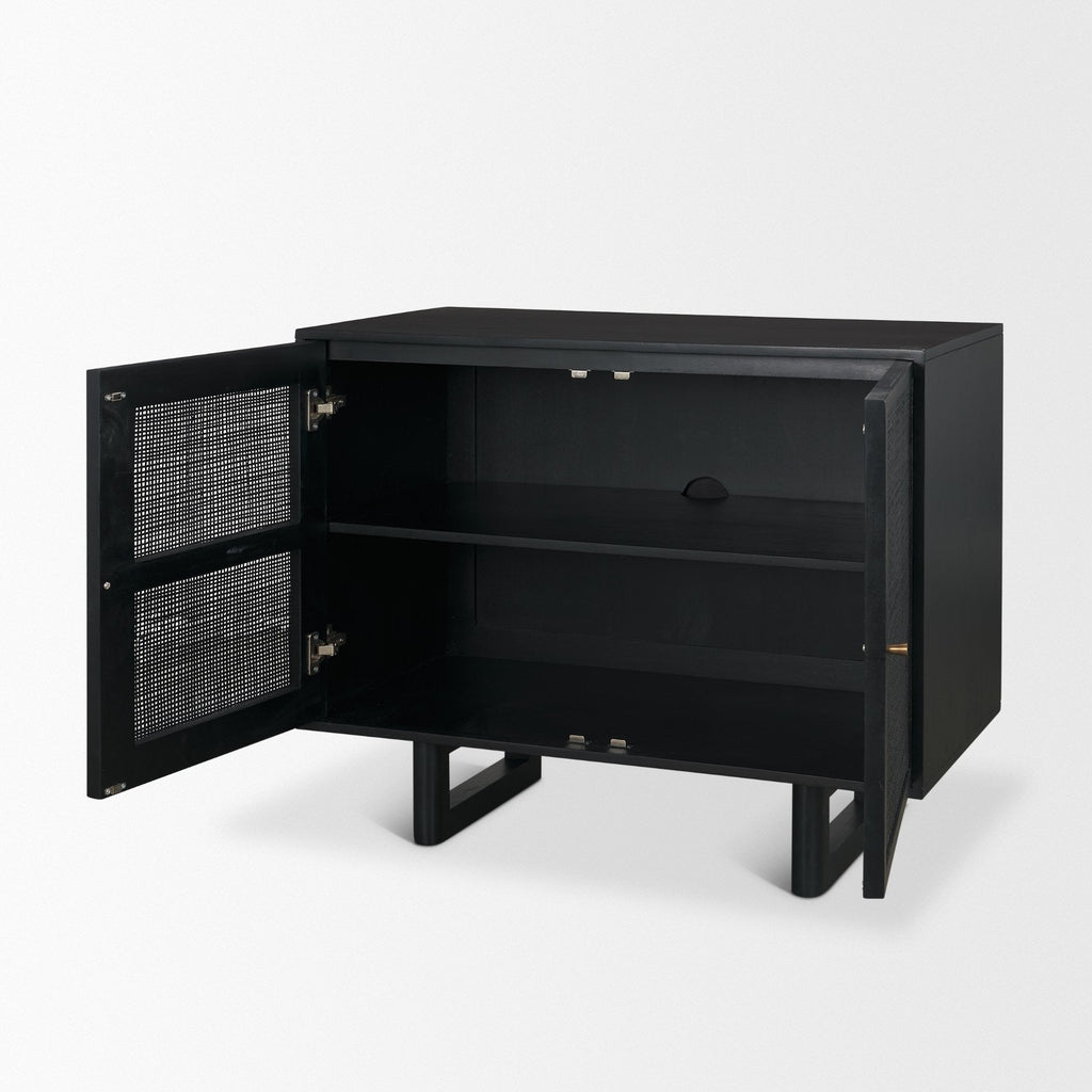 Grier Matte Black Stained Wood w/ Black Cane Accent Cabinet - Dekor Butik