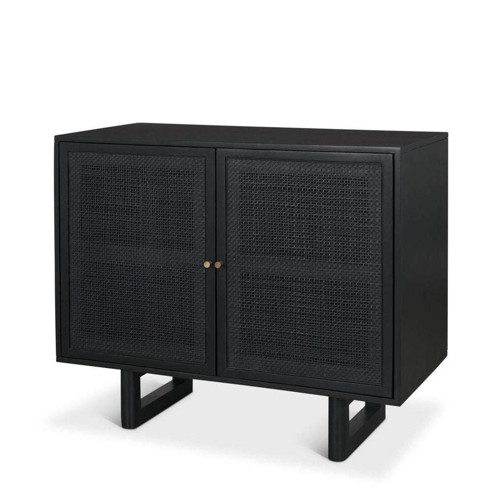 Grier Matte Black Stained Wood w/ Black Cane Accent Cabinet - Dekor Butik